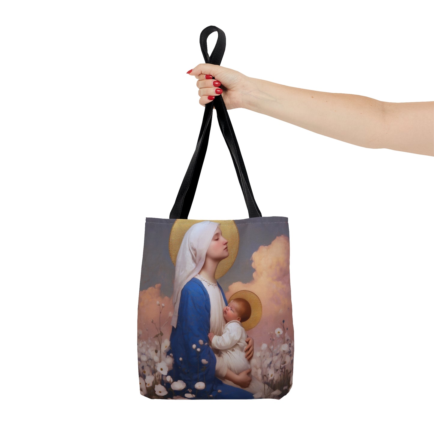 Our Lady Among the Flowers - Tote Bag - Large Medium Small Faith Art Bag - Bible Study Faith Purse - Double Sided Prayer Tote