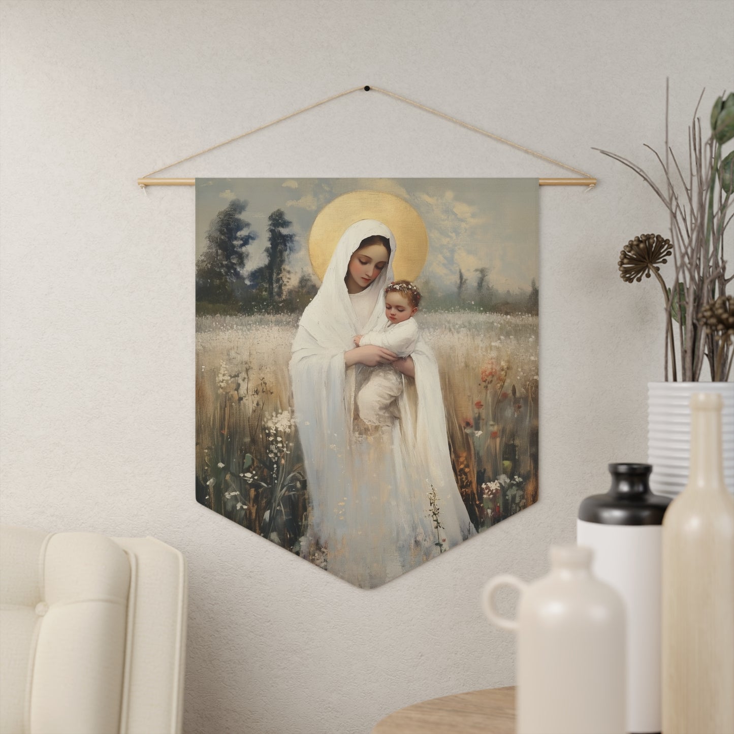 Our Lady of the Prairie Pennant / Banner / Wall Hanging - Prayer room art - 18" x 21" - Catholic - Large Banner