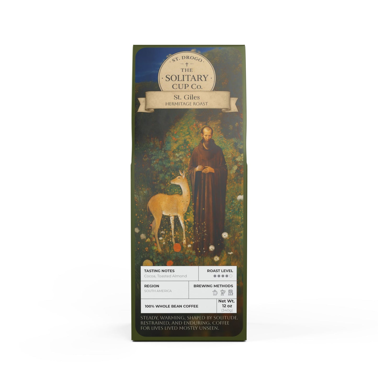 St. Giles - Hermitage Roast (Medium-Dark Roast) - St. Drogo - The Solitary Cup Co. - Artisan Catholic Saint Inspired Coffee - 12 oz.