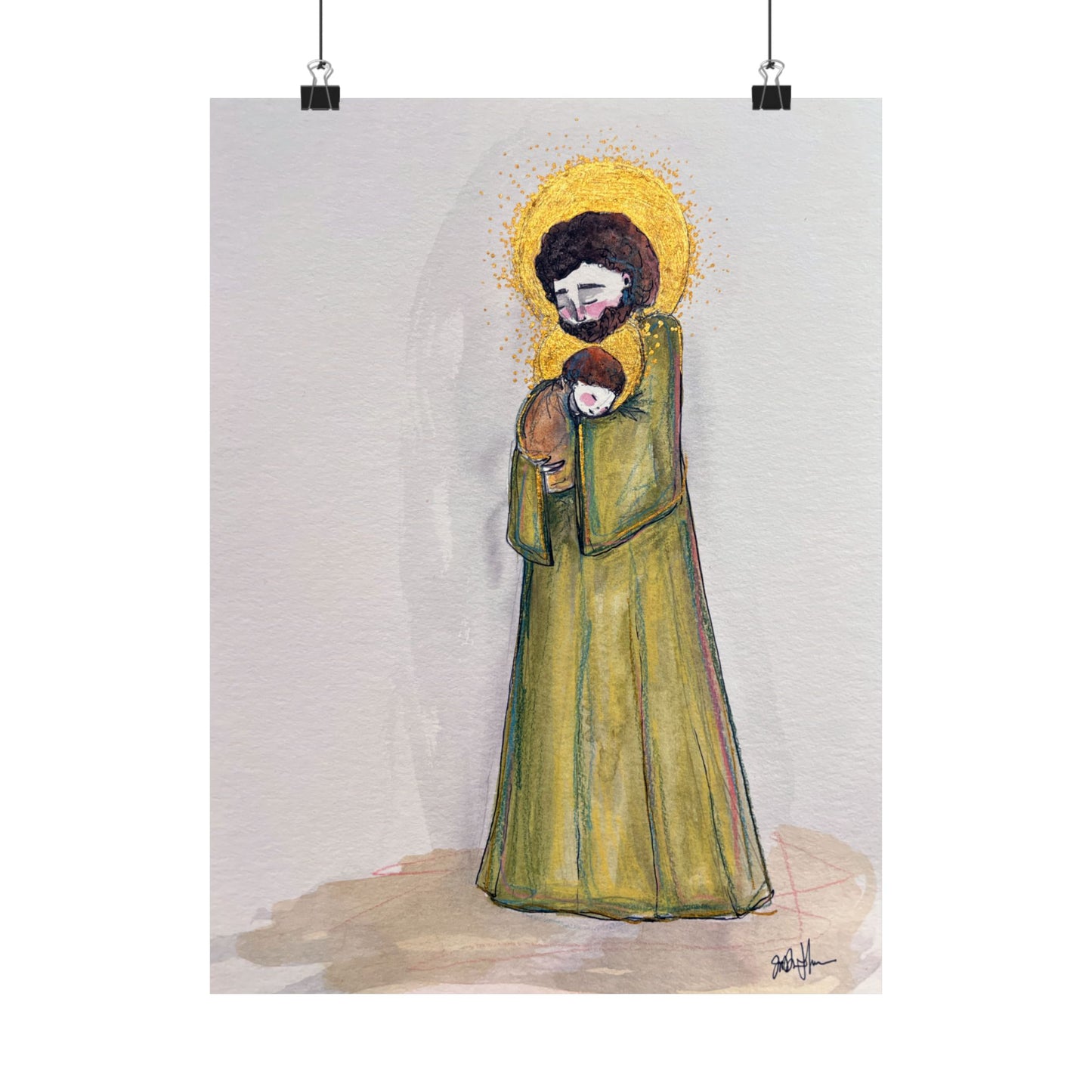 Saint Joseph and Child Jesus Catholic Art Print | Hand-Drawn Watercolor Sacred Artwork | Christian Devotional Wall Art