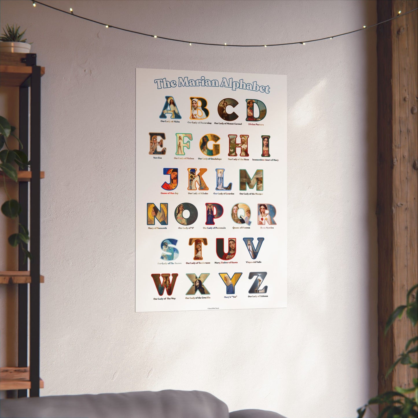 Catholic Marian Alphabet Poster - ABC Wall Art - Marian Titles Catholic Print - Catholic Nursery or Homeschool Faith Decor - Mother Mary Art