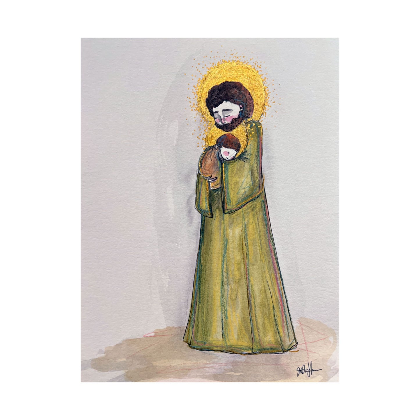 Saint Joseph and Child Jesus Catholic Art Print | Hand-Drawn Watercolor Sacred Artwork | Christian Devotional Wall Art