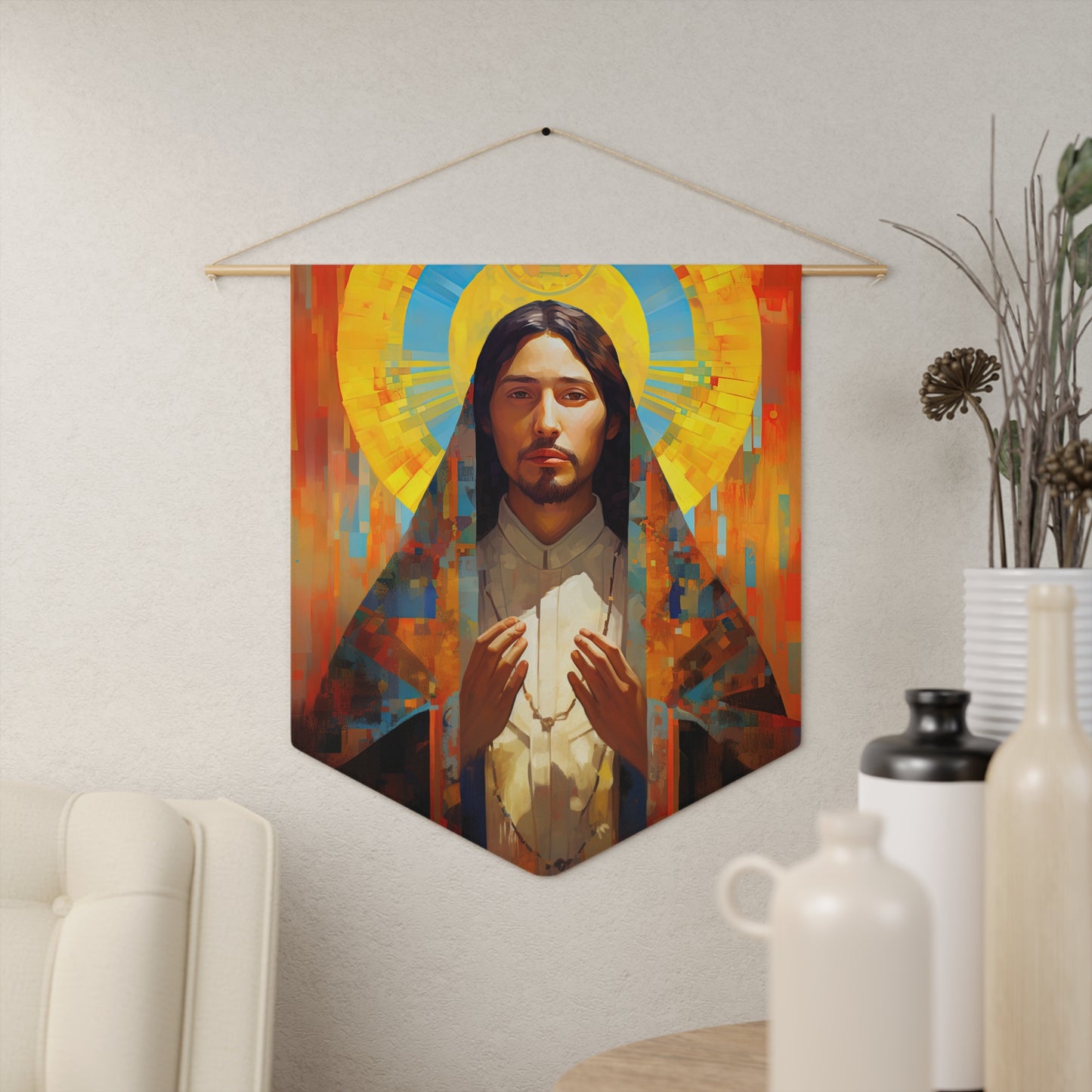 Saint Juan Diego Wall Banner / Wall Hanging - Prayer room art - Catholic Home Art - Large Saint Art for your home - 18" x 21"