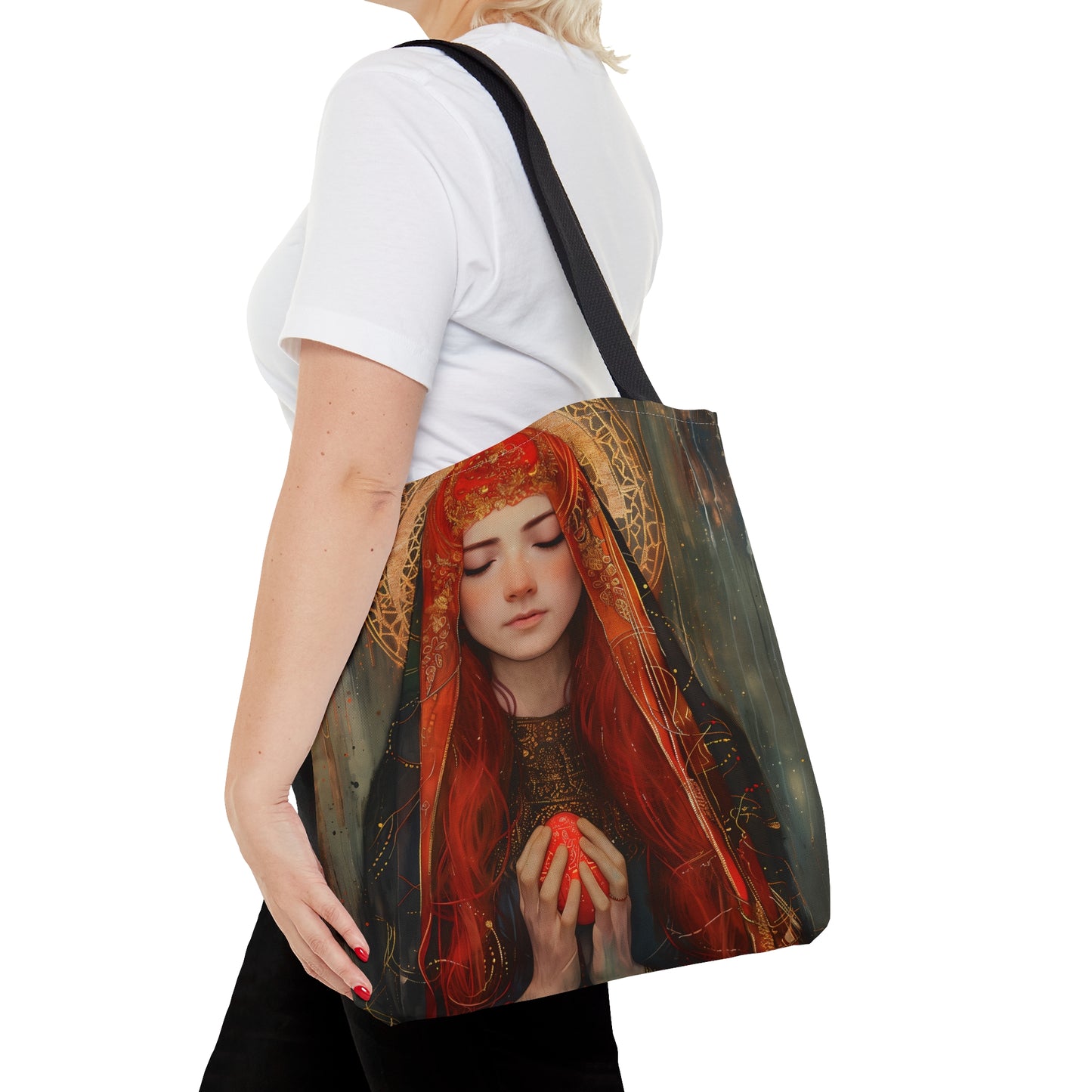 Devotion of Mary Magdalene - Saint Mary Magdalene and the Red Easter Egg Tote Bag - Large Medium Small Faith Art Bag - Catholic Faith Purse