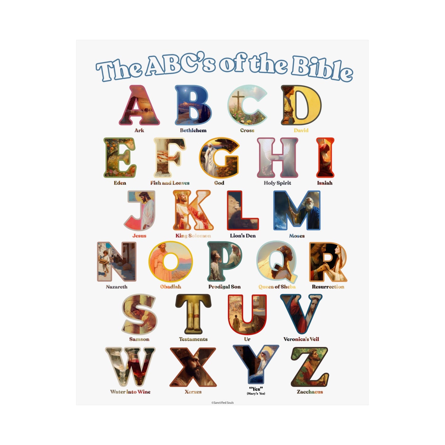 Bible ABC Poster - ABCs of the Bible Wall Art - Biblical People Places and Stories Chart - Christian Homeschool or Sunday School Decor