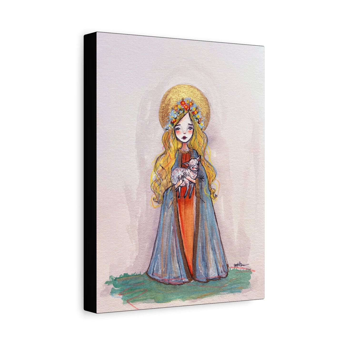 Saint Agnes of Rome Catholic Canvas Print | Christian Sacred Art | Hand-Drawn Watercolor Devotional Wall Art Religious Artwork
