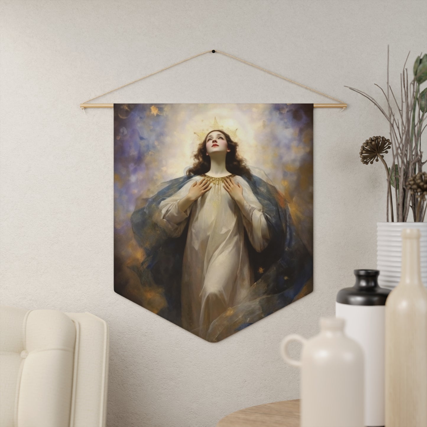 The Assumption of Mary Wall Banner / Wall Hanging / Pennant - Prayer room art - Catholic Home - Saint Art for your home - 18" x 21"