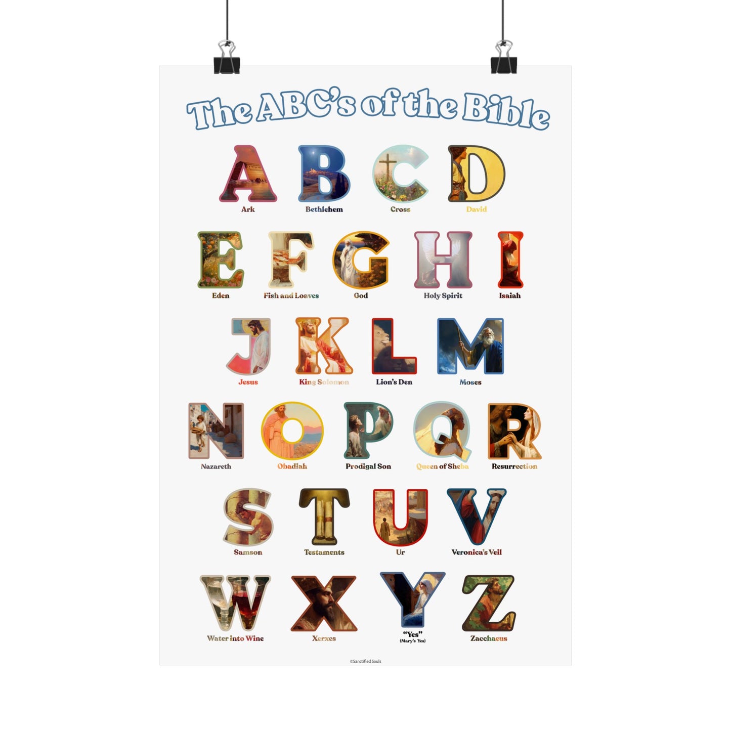 Bible ABC Poster - ABCs of the Bible Wall Art - Biblical People Places and Stories Chart - Christian Homeschool or Sunday School Decor