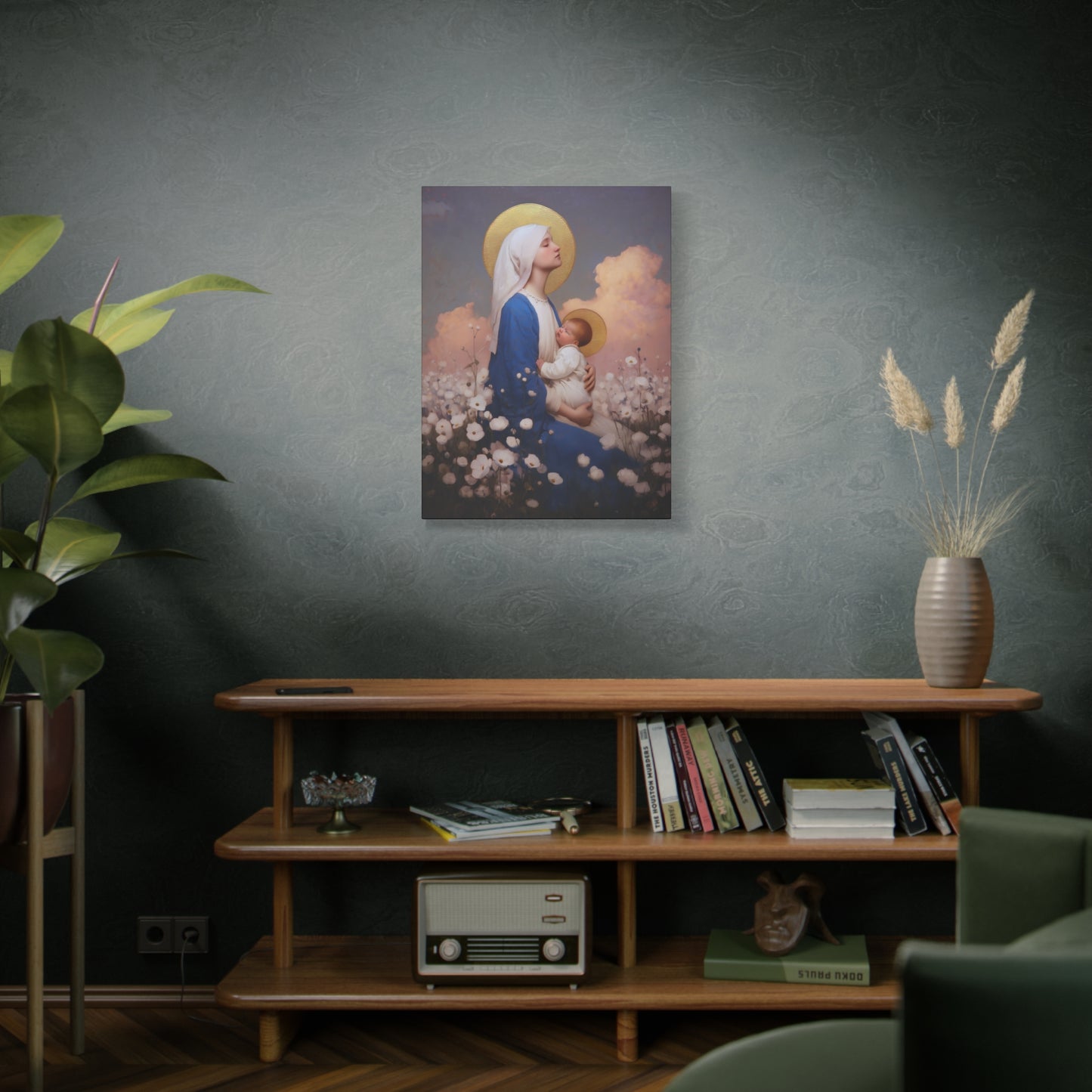 Mother Mary - Our Lady Among the Flowers -  Museum Wrapped Canvas - Sanctified Souls Print - Religious Art for your Home - Catholic Mother Mary Art