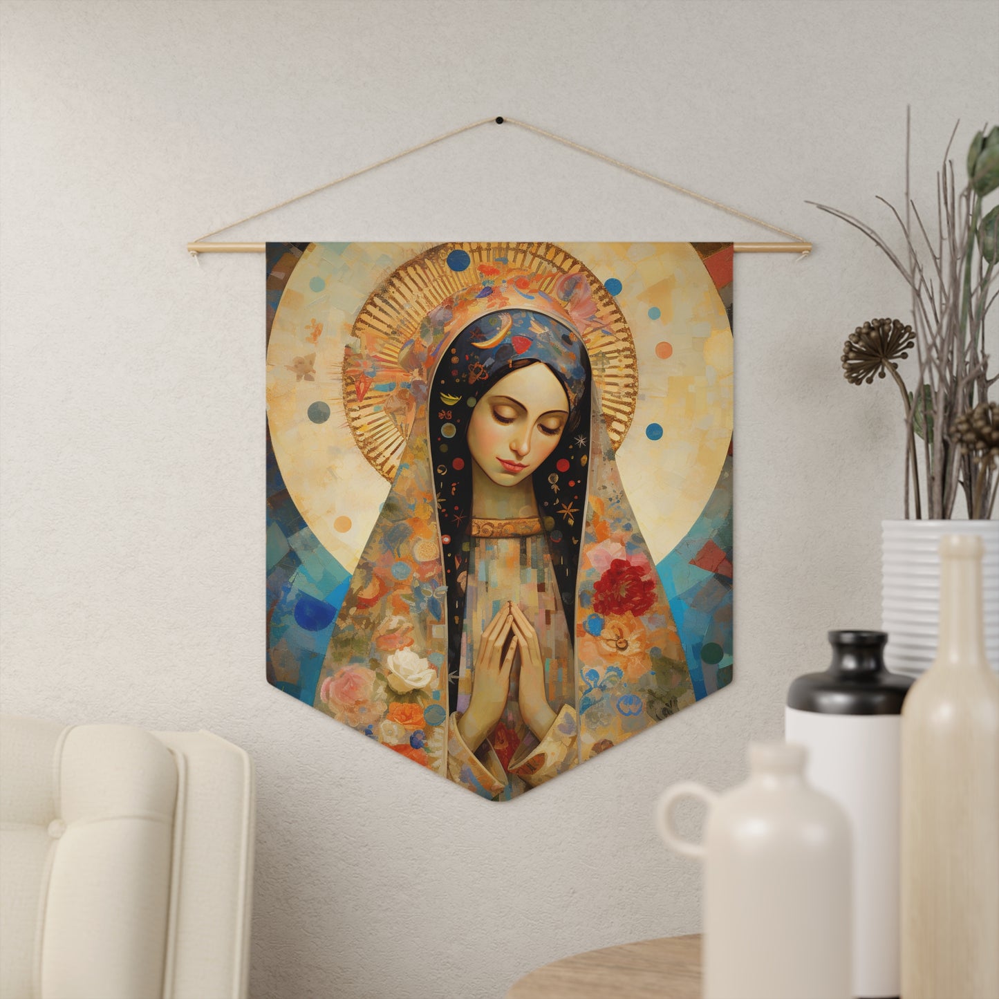 Our Lady of Guadalupe Icon of Love Wall Banner / Wall Hanging / Pennant - Religious Art - Prayer room - Catholic Art - Large - 18" x 21"