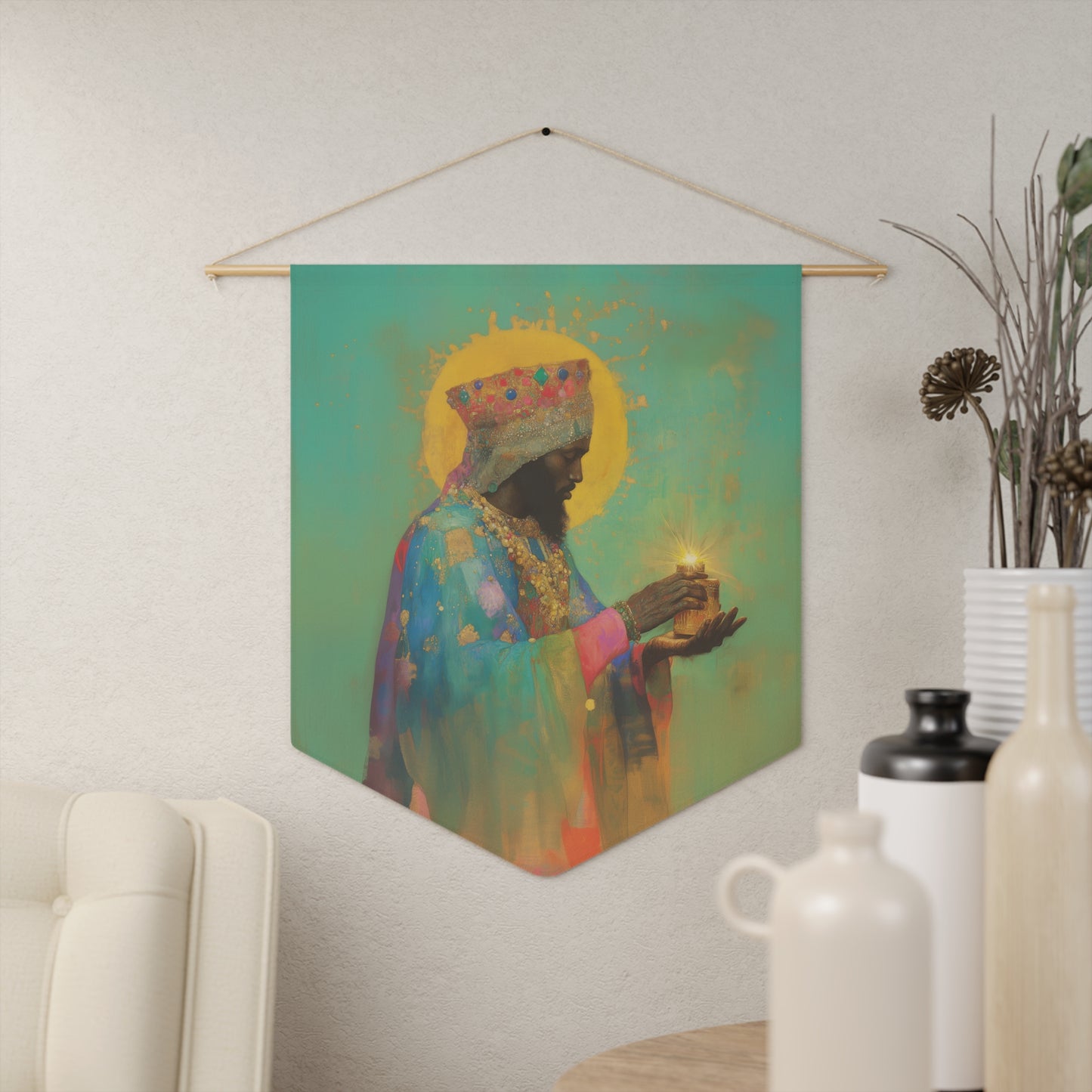 Balthazar and the Gift of Foretold Sorrow - 3 Wise Men - Pennant / Banner / Wall Hanging - Prayer room - Catholic Art - Large - 18" x 21"