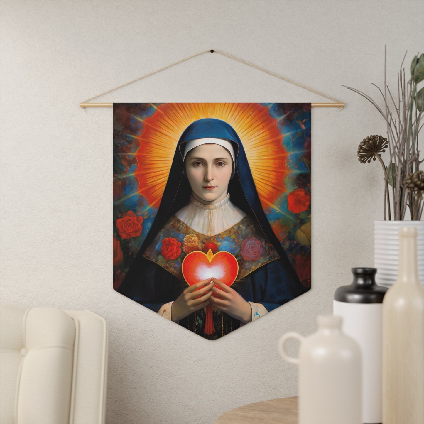 Saint Jane Frances de Chantal Wall Banner / Wall Hanging - Prayer room art - Catholic Home Art - Our Lady of Guadalupe - 18" x 21"