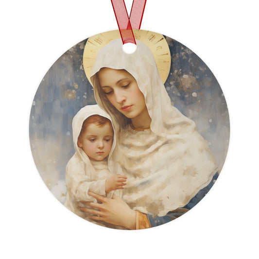 Winter's Grace : Our Lady of the Snows Metal Ornament - Religious Holiday Christmas Ornament and Keepsake - Double sided - Prayer Ornament