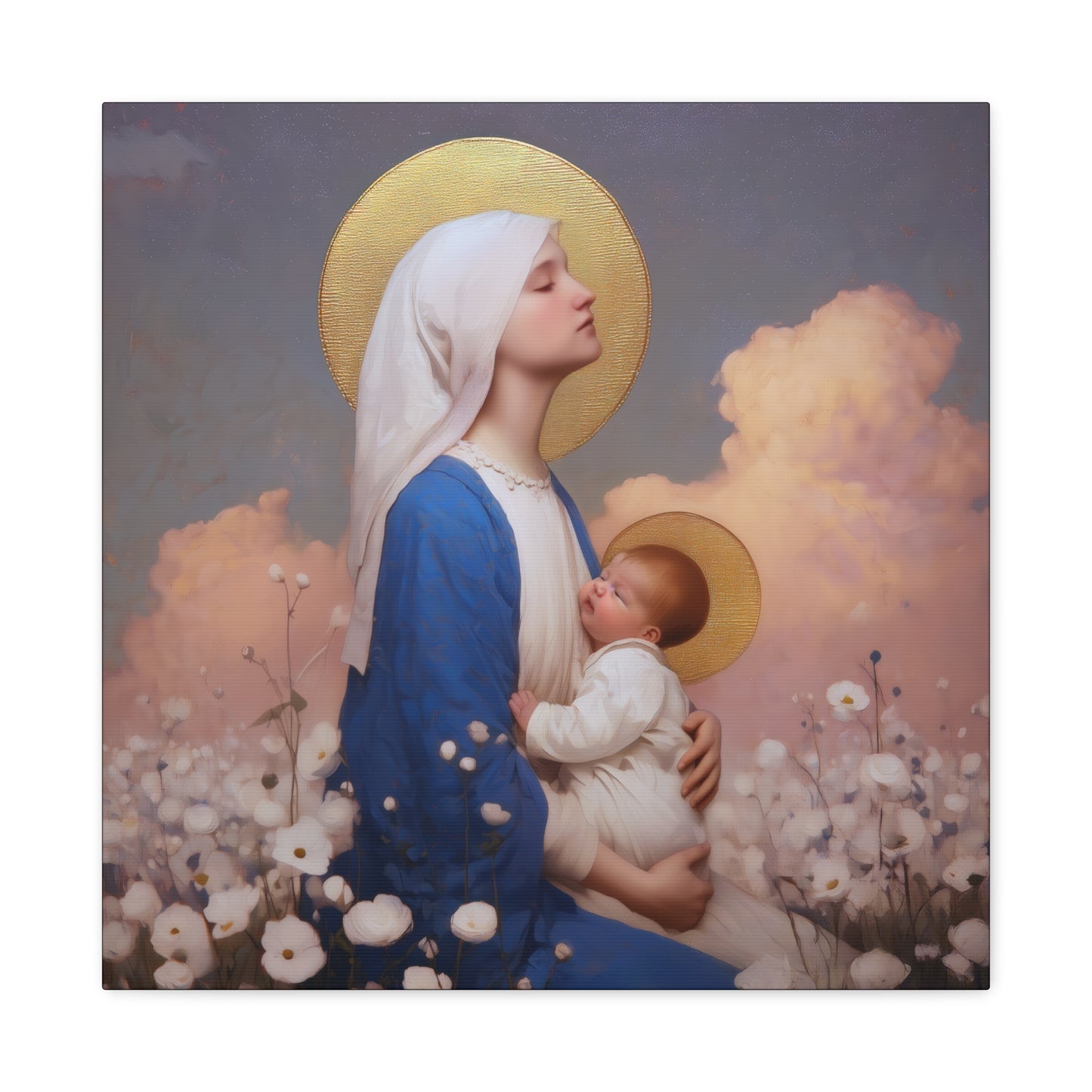 Mother Mary - Our Lady Among the Flowers -  Museum Wrapped Canvas - Sanctified Souls Print - Religious Art for your Home - Catholic Mother Mary Art