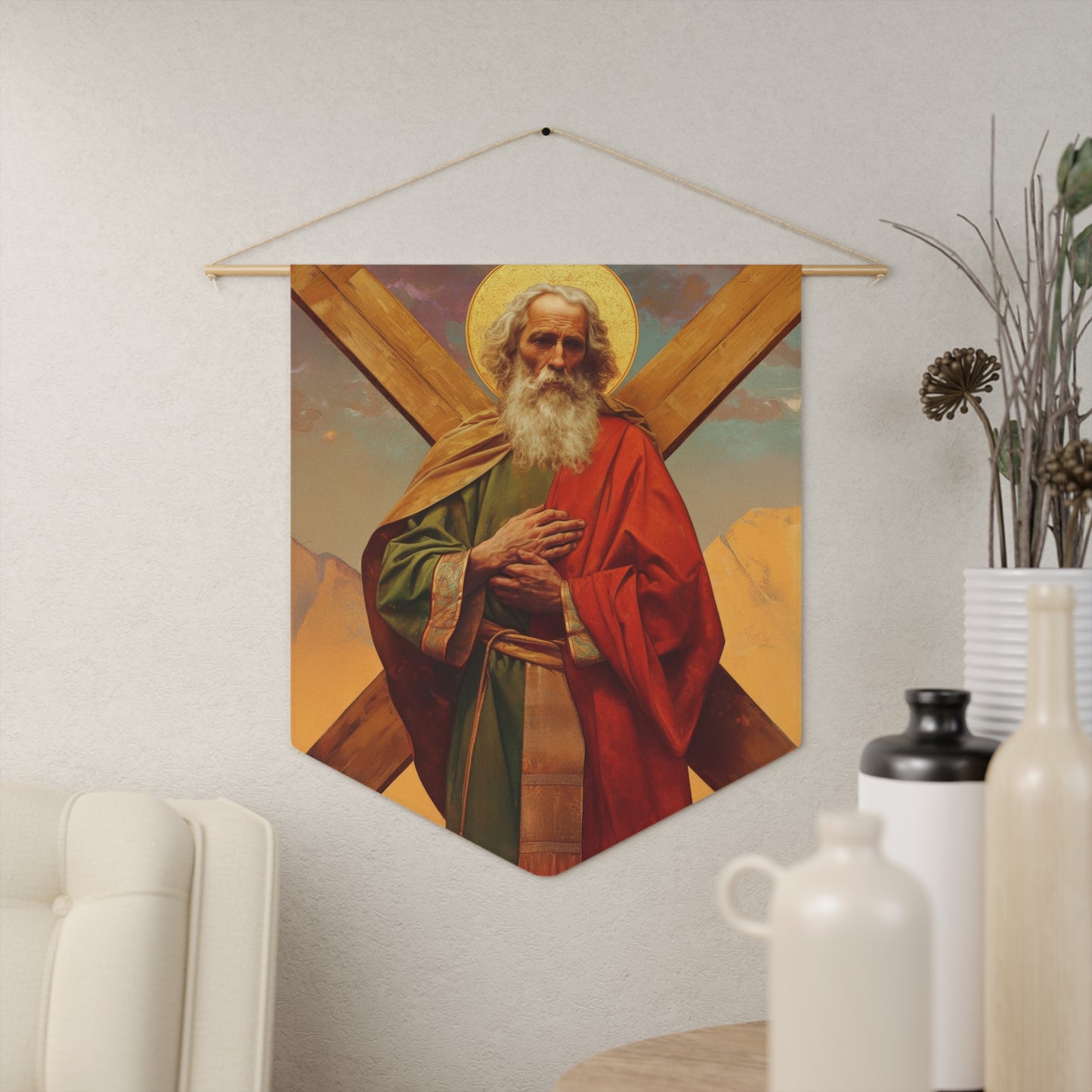 Saint Andrew the Apostle - Pennant / Banner / Wall Hanging - Prayer room art - Catholic Home Art - Large Saint Art for your home - 18" x 21"