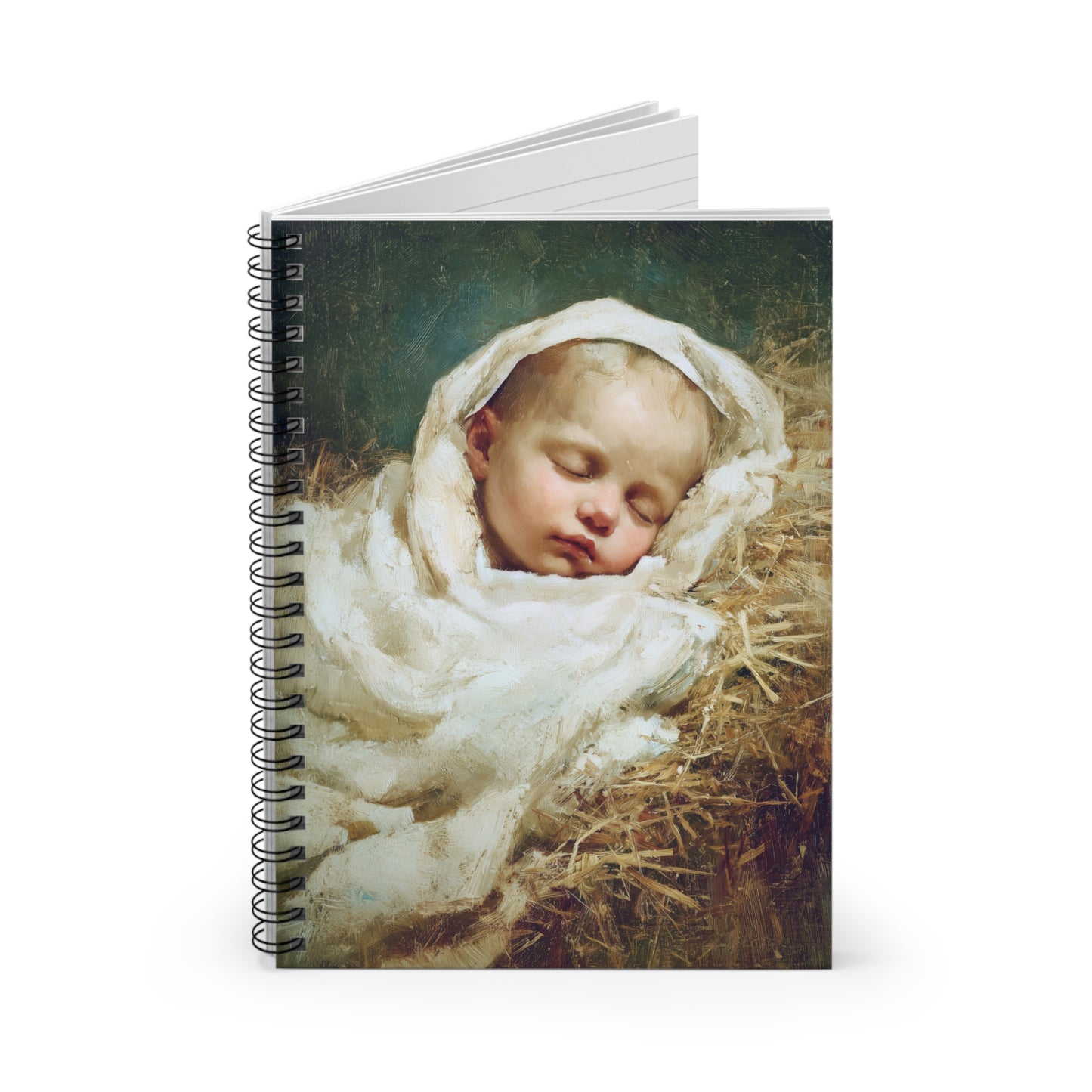 The Christ Child Resting in the Silence of the Manger - Sanctified Souls Art - Religious Based Notebook - Spiral Notebook
