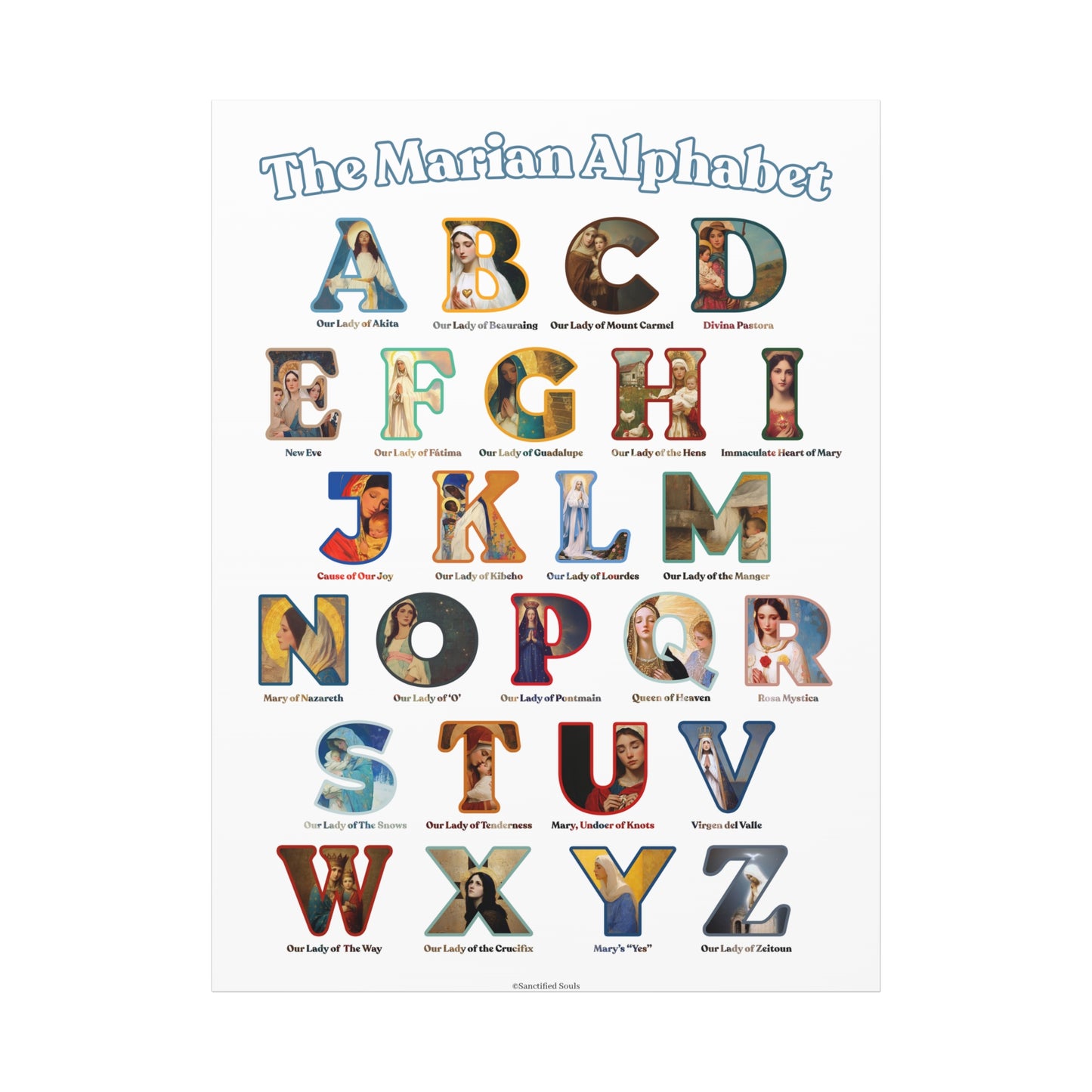 Catholic Marian Alphabet ABC Canvas - Full Alphabet Large Canvas - Catholic ABC Mary - Marian Titles - Catholic Nursery / Homeschool