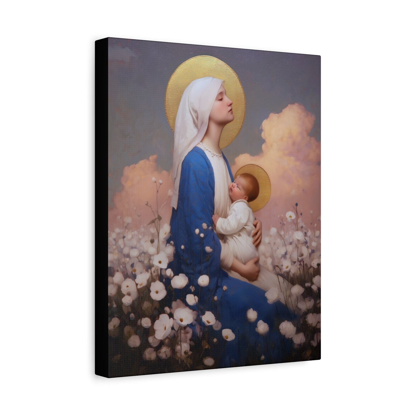Mother Mary - Our Lady Among the Flowers -  Museum Wrapped Canvas - Sanctified Souls Print - Religious Art for your Home - Catholic Mother Mary Art