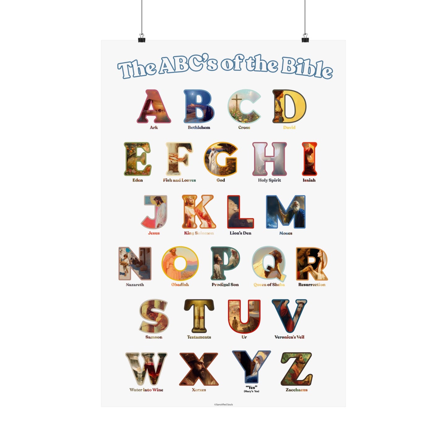 Bible ABC Poster - ABCs of the Bible Wall Art - Biblical People Places and Stories Chart - Christian Homeschool or Sunday School Decor