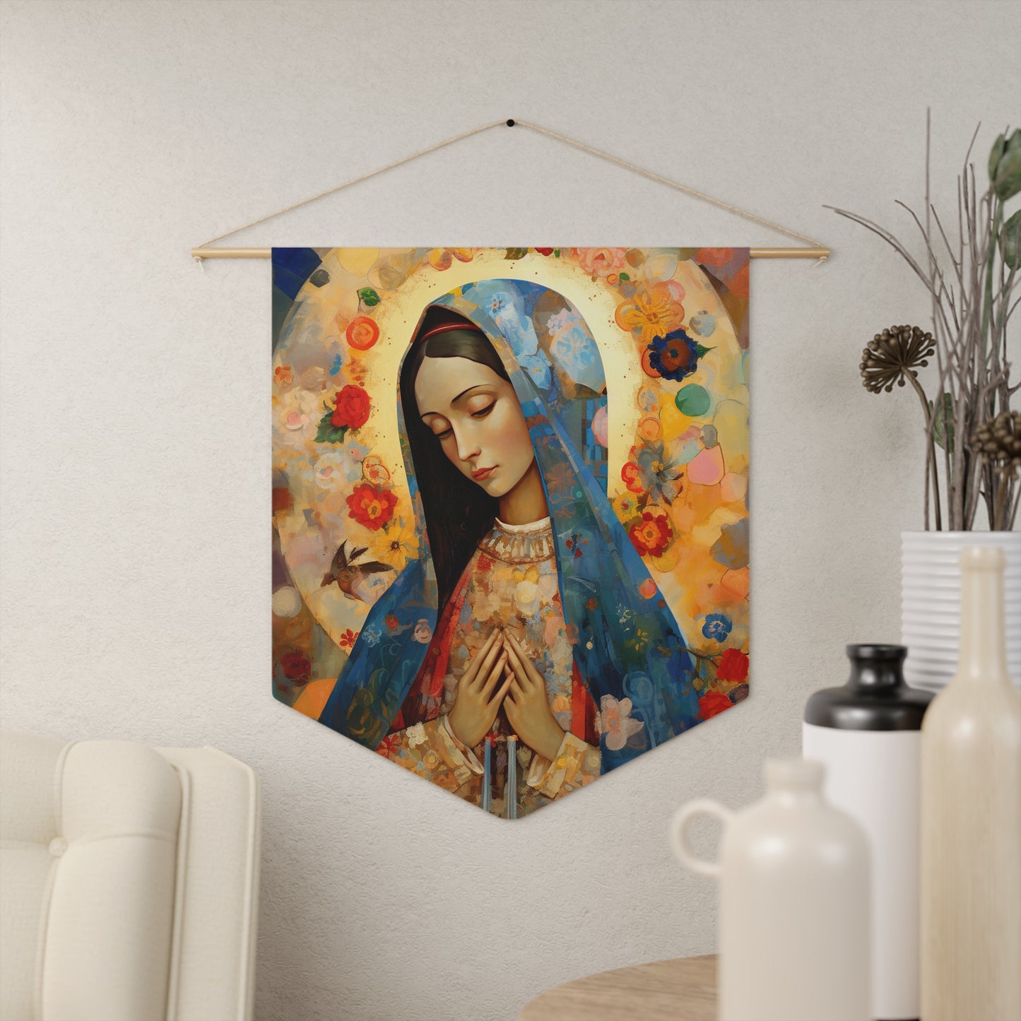 Mary's Silent Blessing Wall Banner / Wall Hanging / Pennant - Prayer room - Catholic Art - Saint Art - Large Saint Print - 18" x 21"