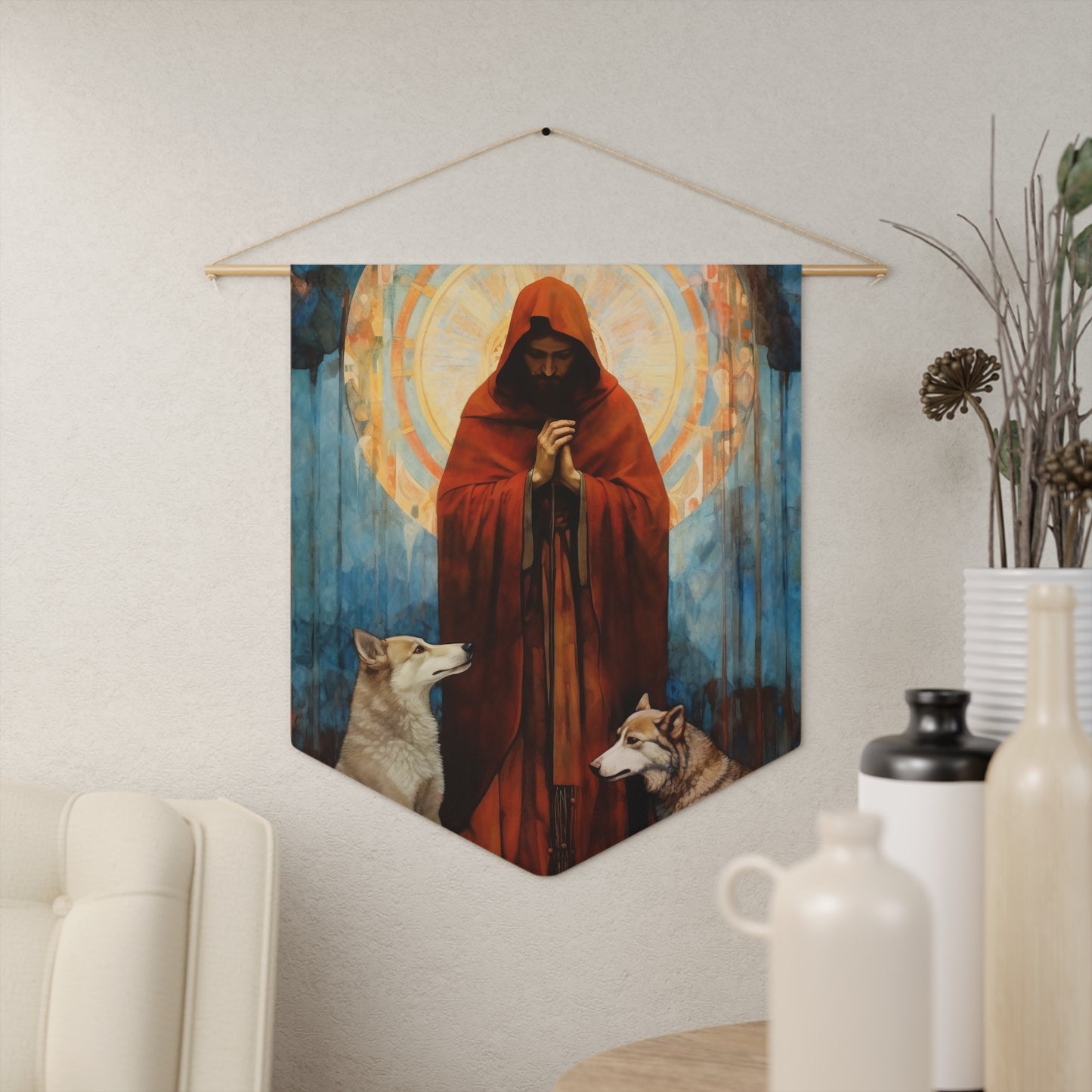Saint Ailbhe Wall Banner / Wall Hanging - Catholic Home Art - Large Saint Art for your home - 18" x 21" - Patron Saint of Wolves