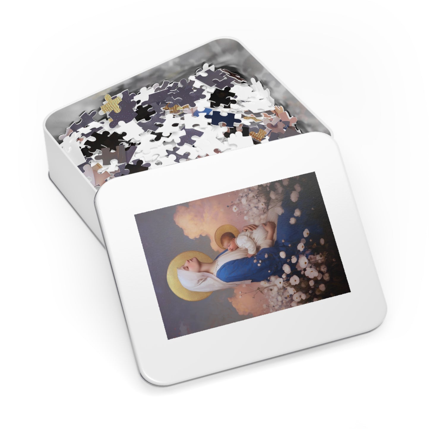 Our Lady Among the Flowers - Puzzle and Tin - Religious Jigsaw Puzzle (30, 110, 252, 500,1000) - Gift Catholic Families - Catholic Christmas