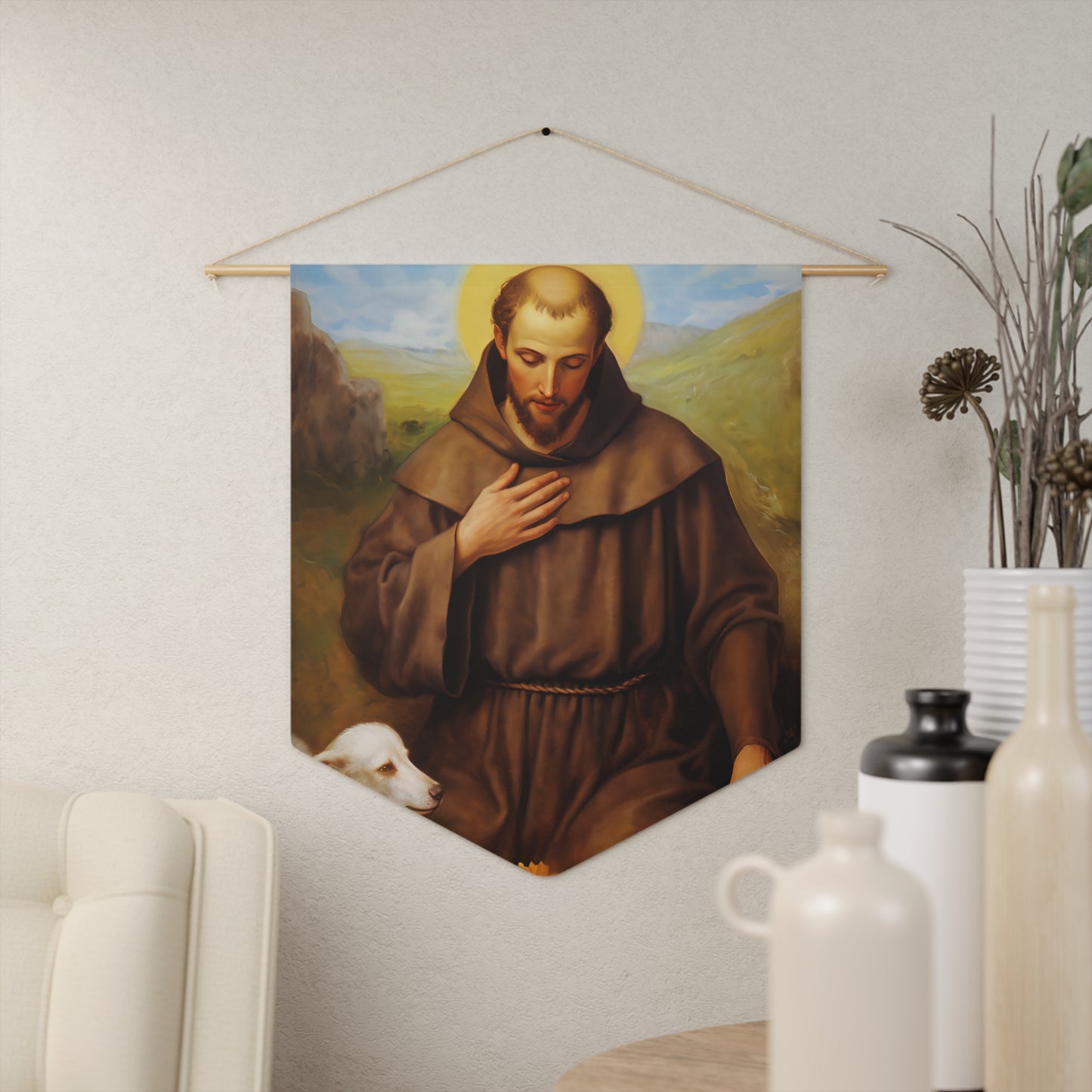 Saint Francis of Assisi Wall Banner / Wall Hanging - Prayer room art - Catholic Home Art - Large Saint Art for your home - 18" x 21"