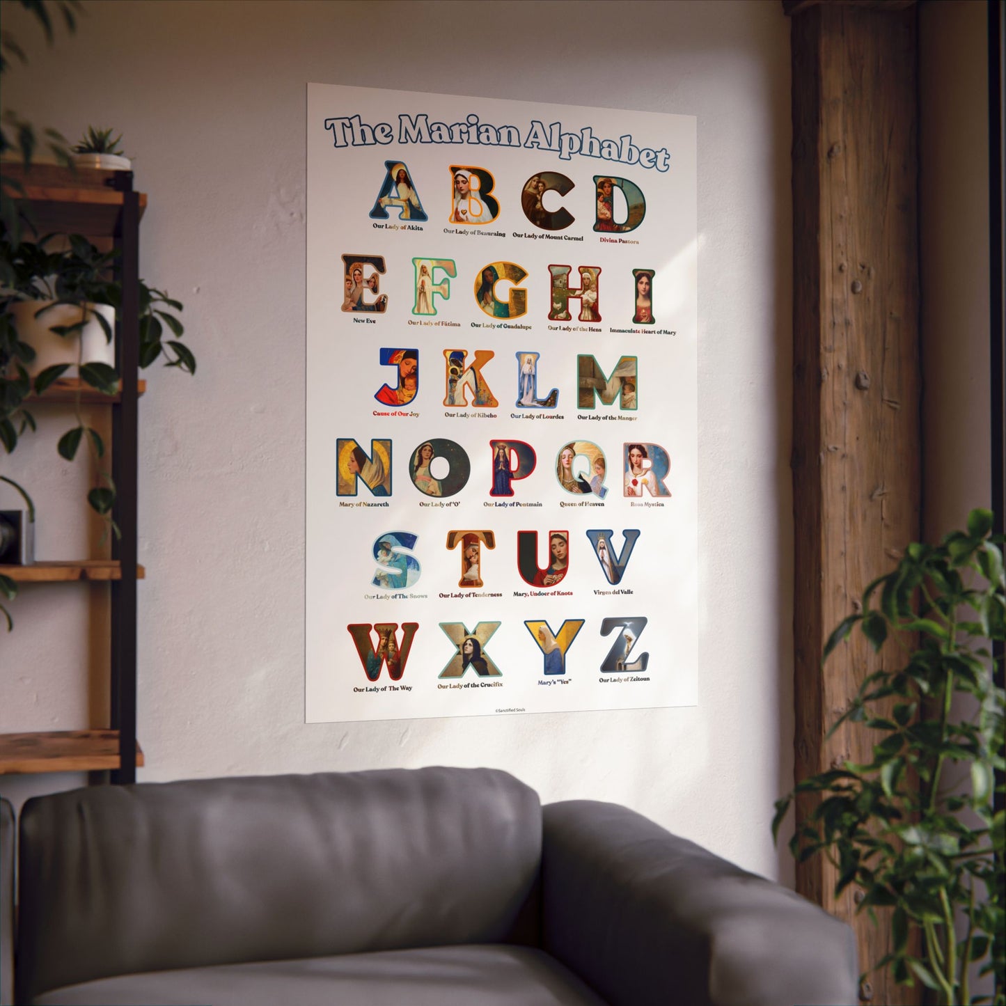Catholic Marian Alphabet Poster - ABC Wall Art - Marian Titles Catholic Print - Catholic Nursery or Homeschool Faith Decor - Mother Mary Art