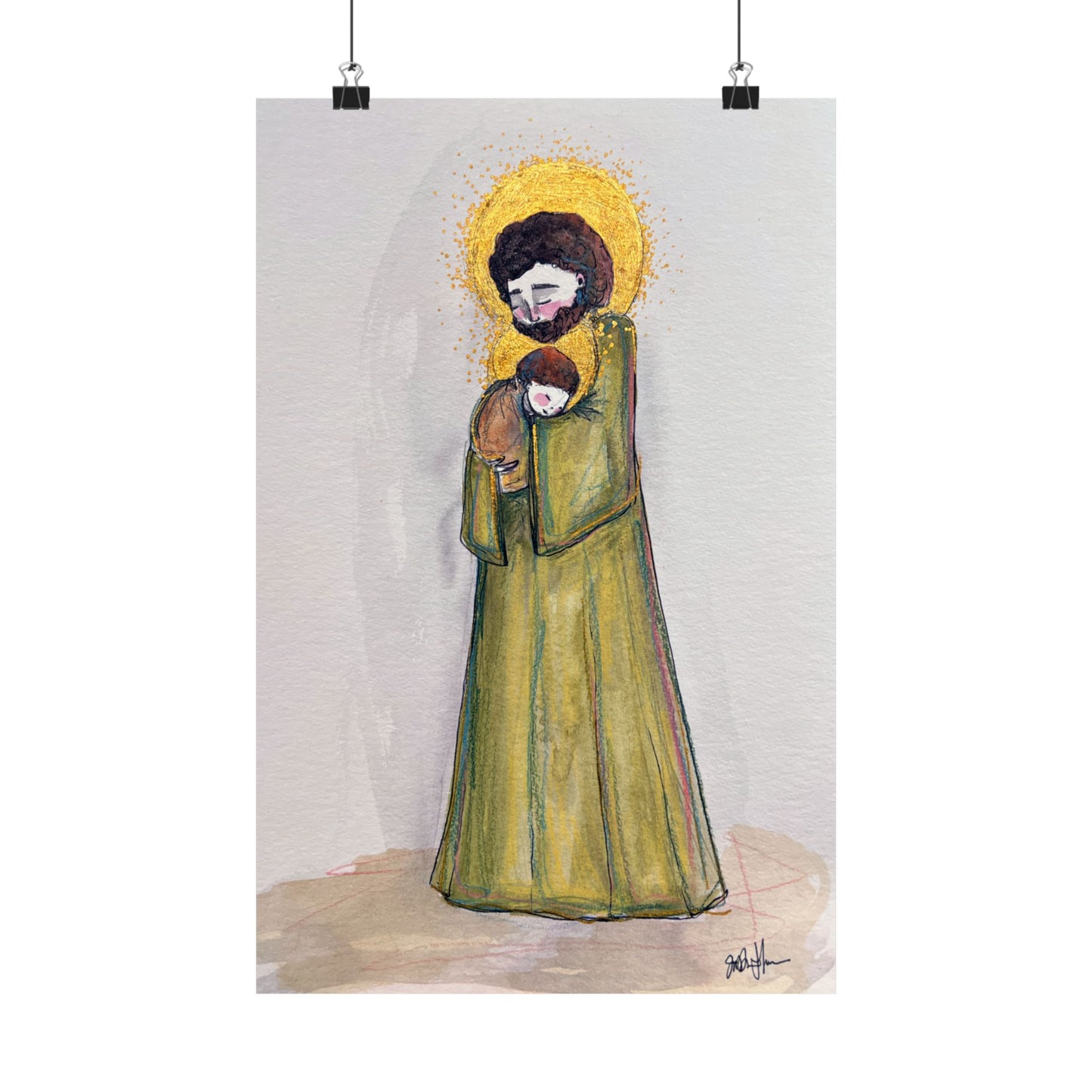 Saint Joseph and Child Jesus Catholic Art Print | Hand-Drawn Watercolor Sacred Artwork | Christian Devotional Wall Art