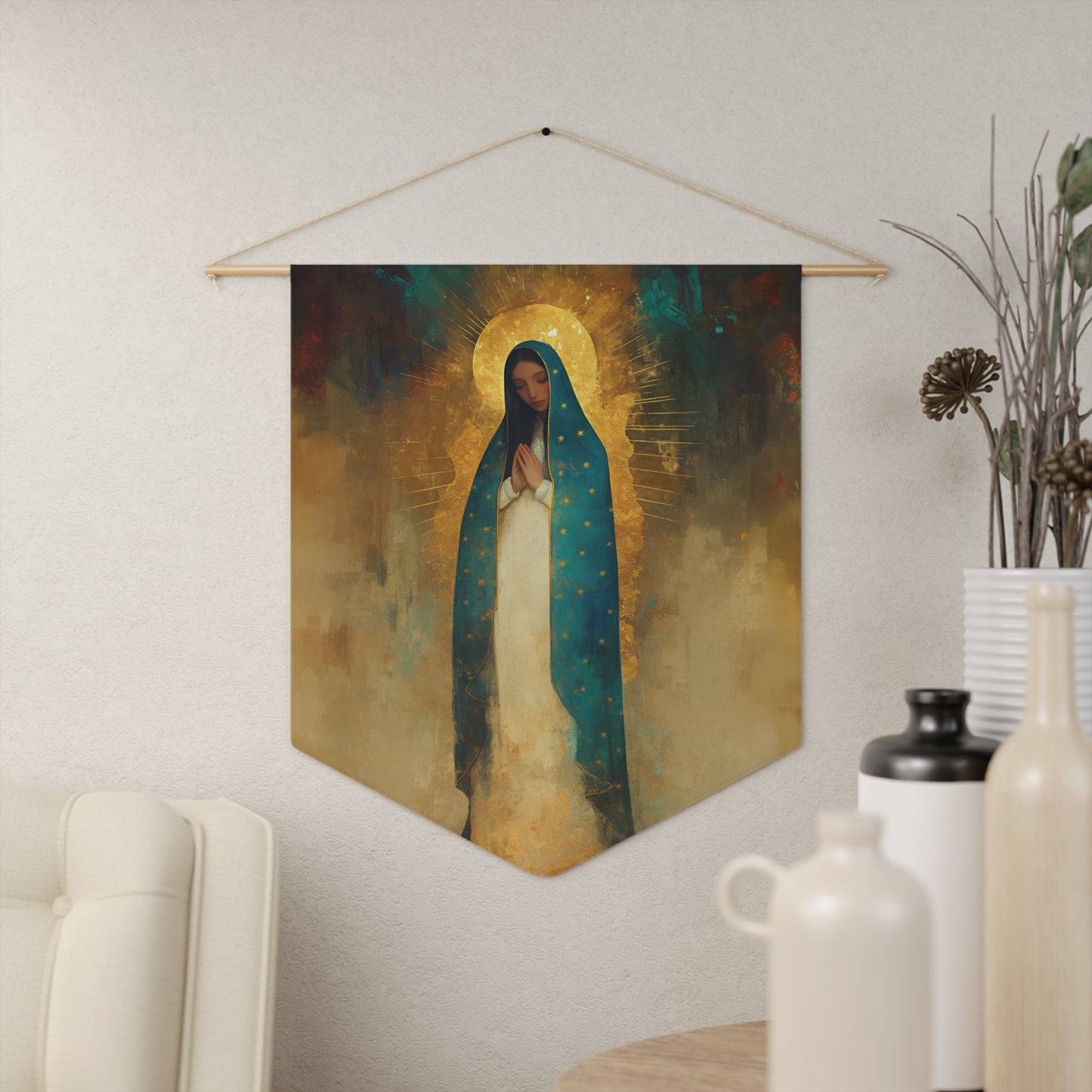 Flower of the new World - Our Lady of Guadalupe Pennant / Banner / Wall Hanging - Prayer room art - Catholic Home - 18" x 21"