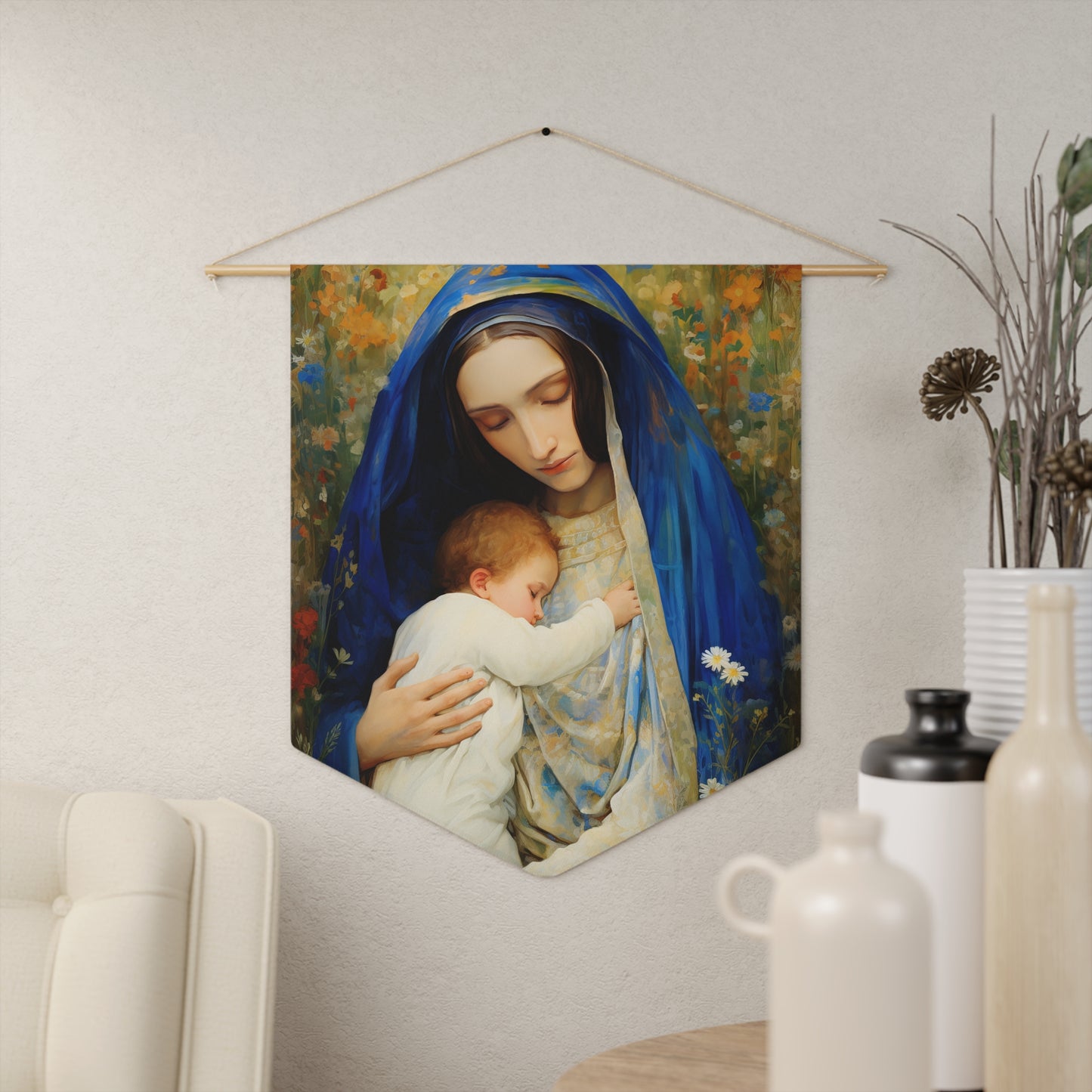 The Eternal Mother Mary and the Infant Jesus Banner / Wall Hanging - Prayer room art piece- Catholic art - Saint Art - Large print 18x21"