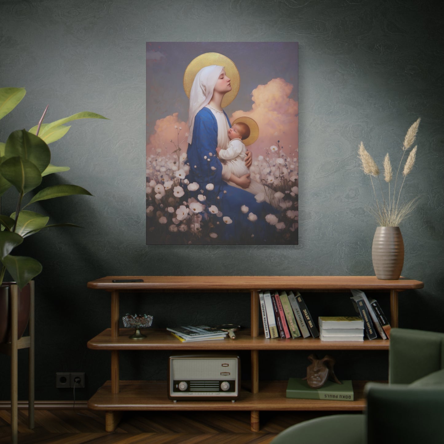 Mother Mary - Our Lady Among the Flowers -  Museum Wrapped Canvas - Sanctified Souls Print - Religious Art for your Home - Catholic Mother Mary Art
