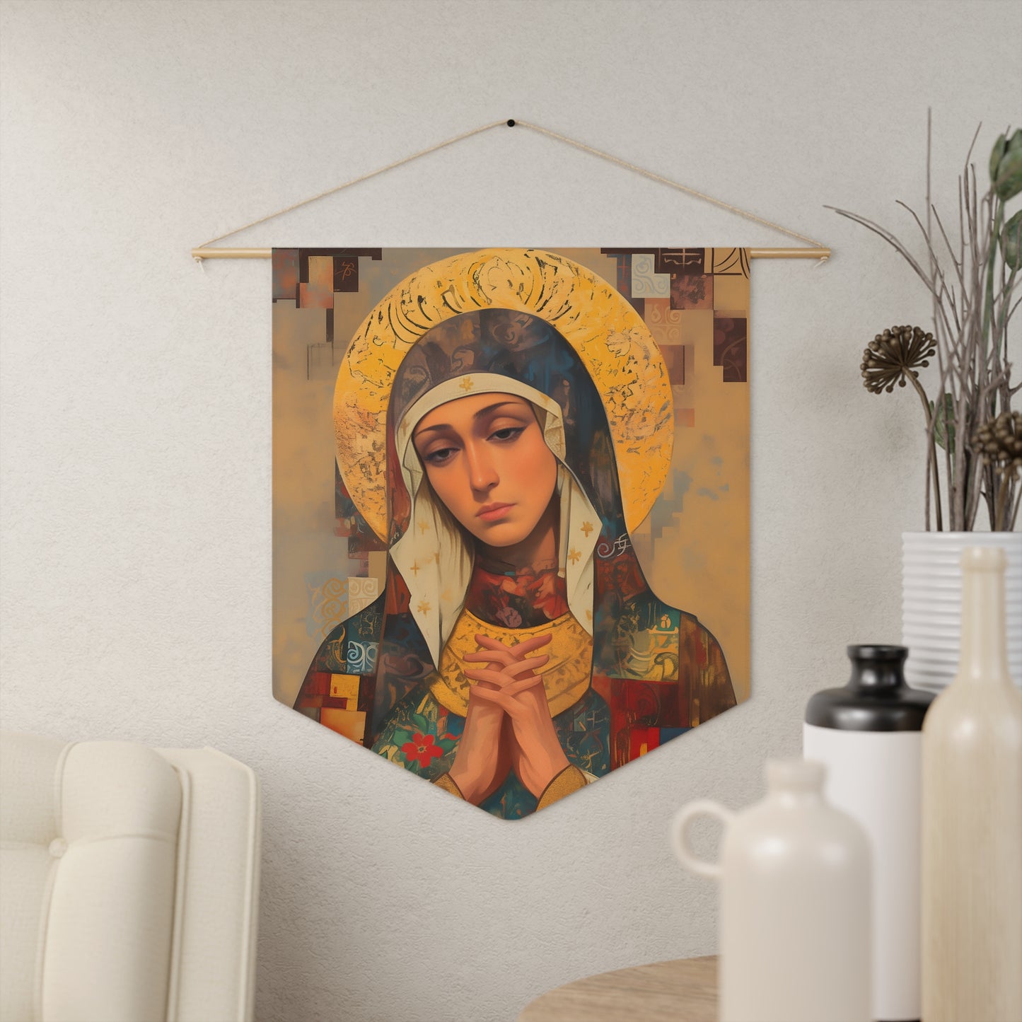 Virgin Mary - Holy Mother of Grace Pennant / Banner / Wall Hanging - Prayer room art - 18" x 21" - Catholic Gift