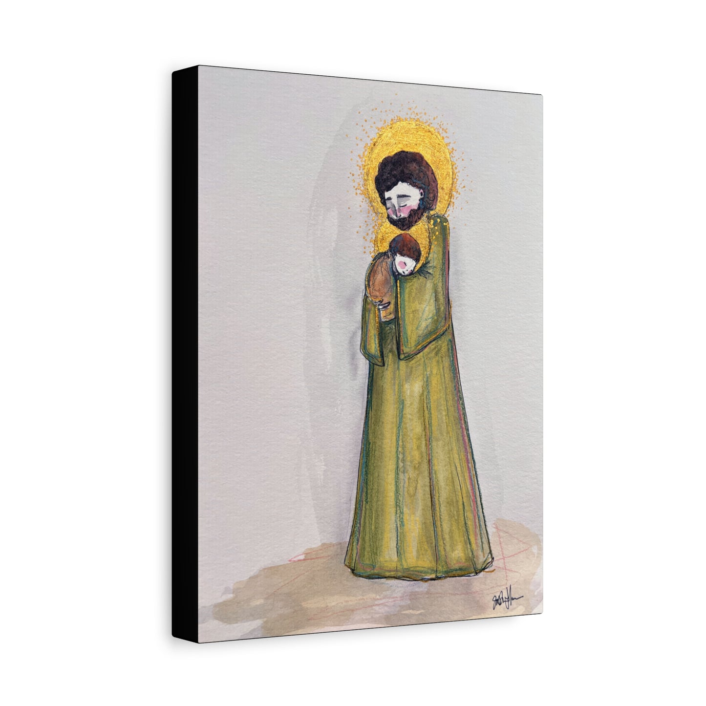 Saint Joseph and Child Jesus Catholic Canvas Print | Hand-Drawn Watercolor Sacred Art | Christian Devotional Wall Art