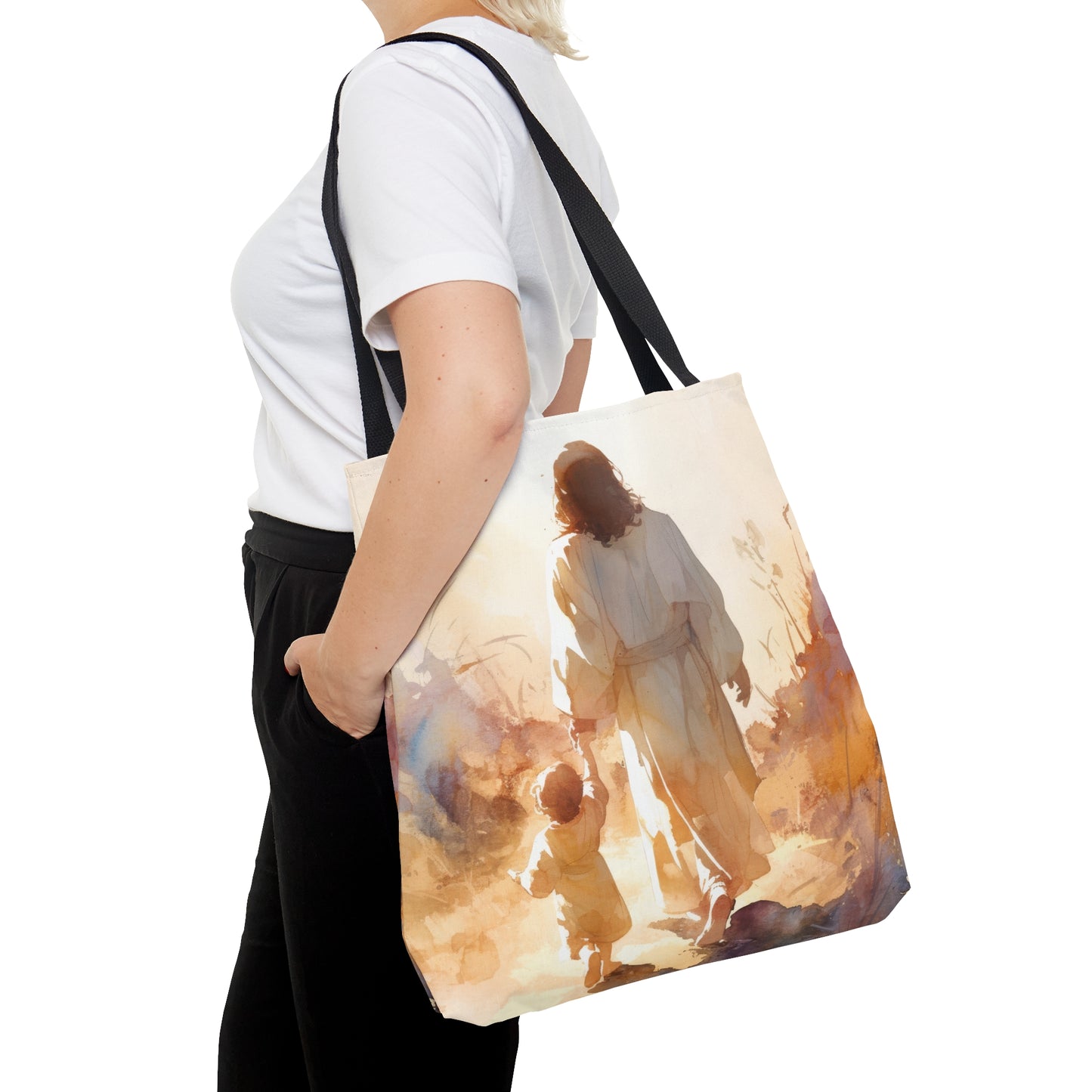 Jesus Guiding a Child in Faith Tote Bag - Large Medium Small Faith Art Bag - Catholic Faith Purse - Religious Carry All