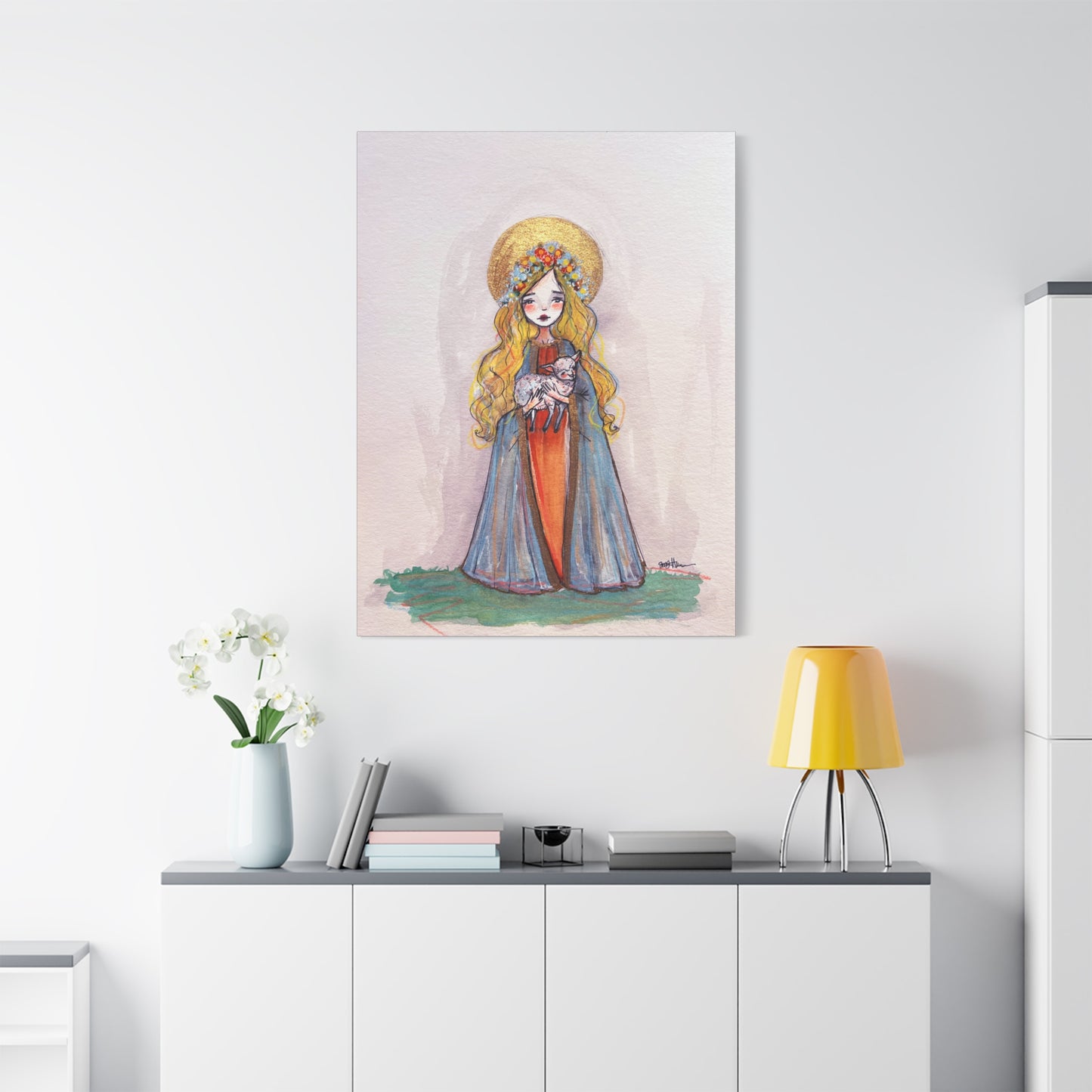 Saint Agnes of Rome Catholic Canvas Print | Christian Sacred Art | Hand-Drawn Watercolor Devotional Wall Art Religious Artwork
