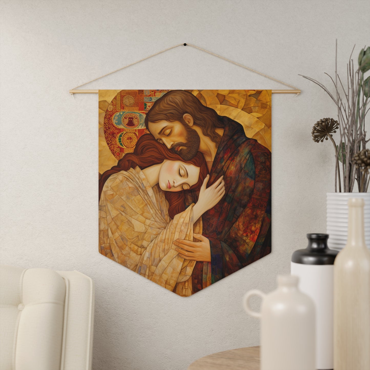 Healing Love- The Embrace of Christ and Mary Magdalene Wall Banner / Wall Hanging - 18" x 21" - Based on The Kiss by Gustav Klimt