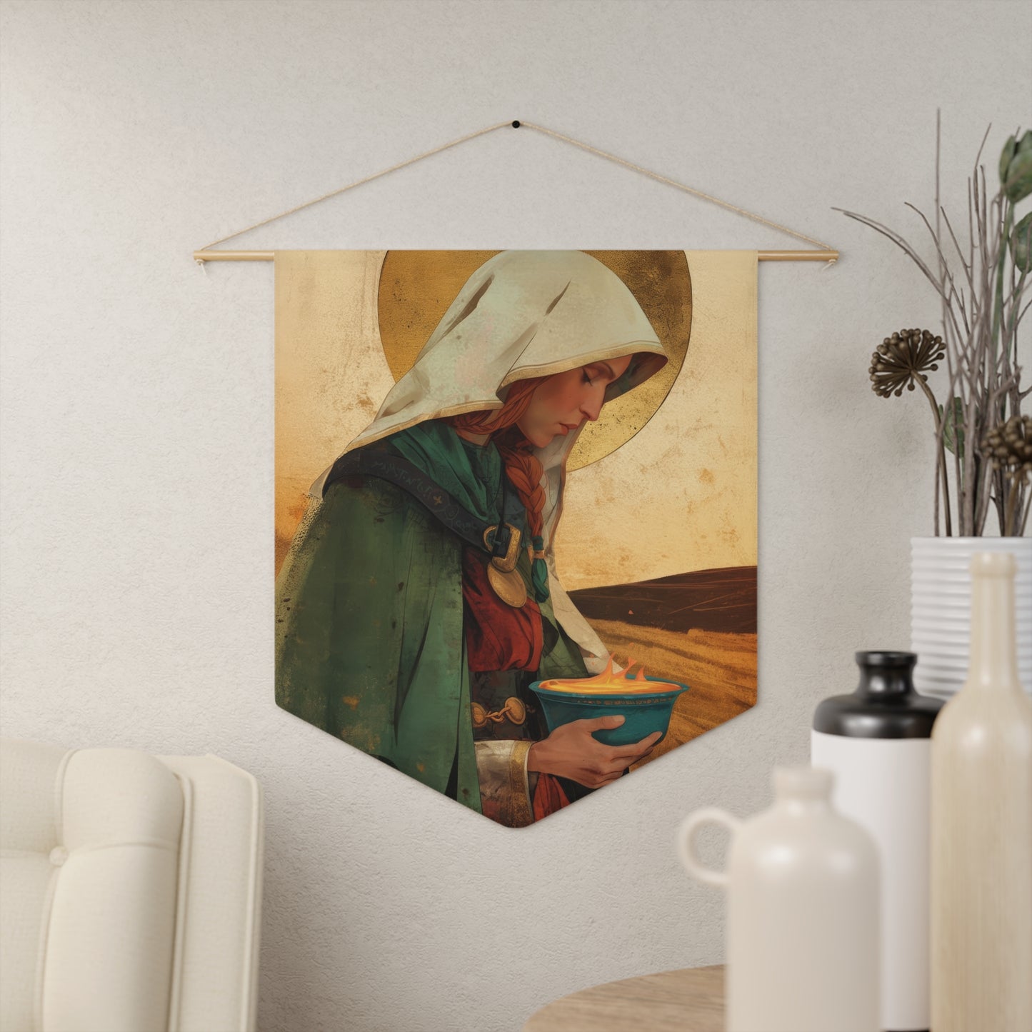 Saint Brigid of Ireland / Kildare Pennant / Banner / Wall Hanging - Prayer room art - 18" x 21" - Catholic prayer Religious - Large Print