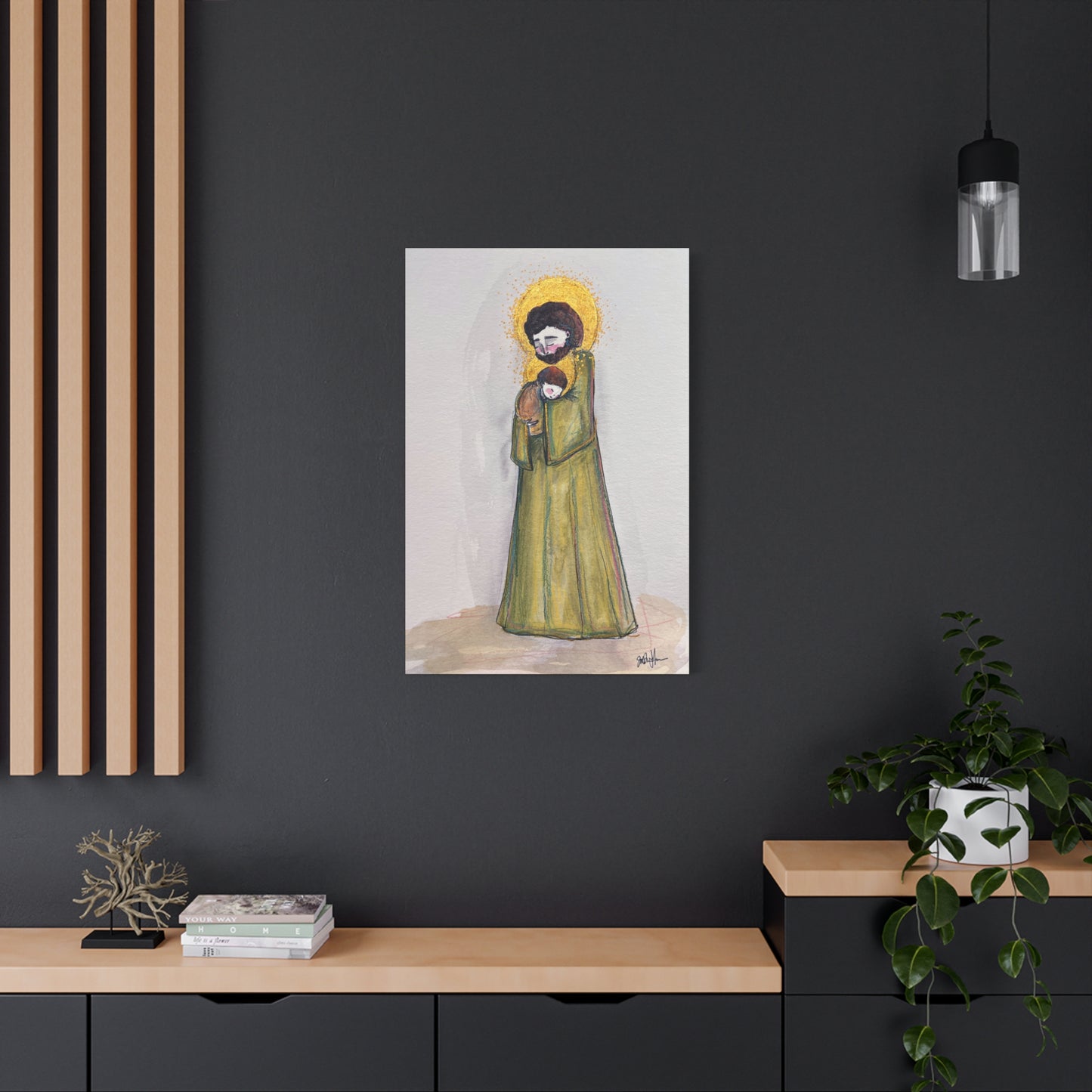 Saint Joseph and Child Jesus Catholic Canvas Print | Hand-Drawn Watercolor Sacred Art | Christian Devotional Wall Art