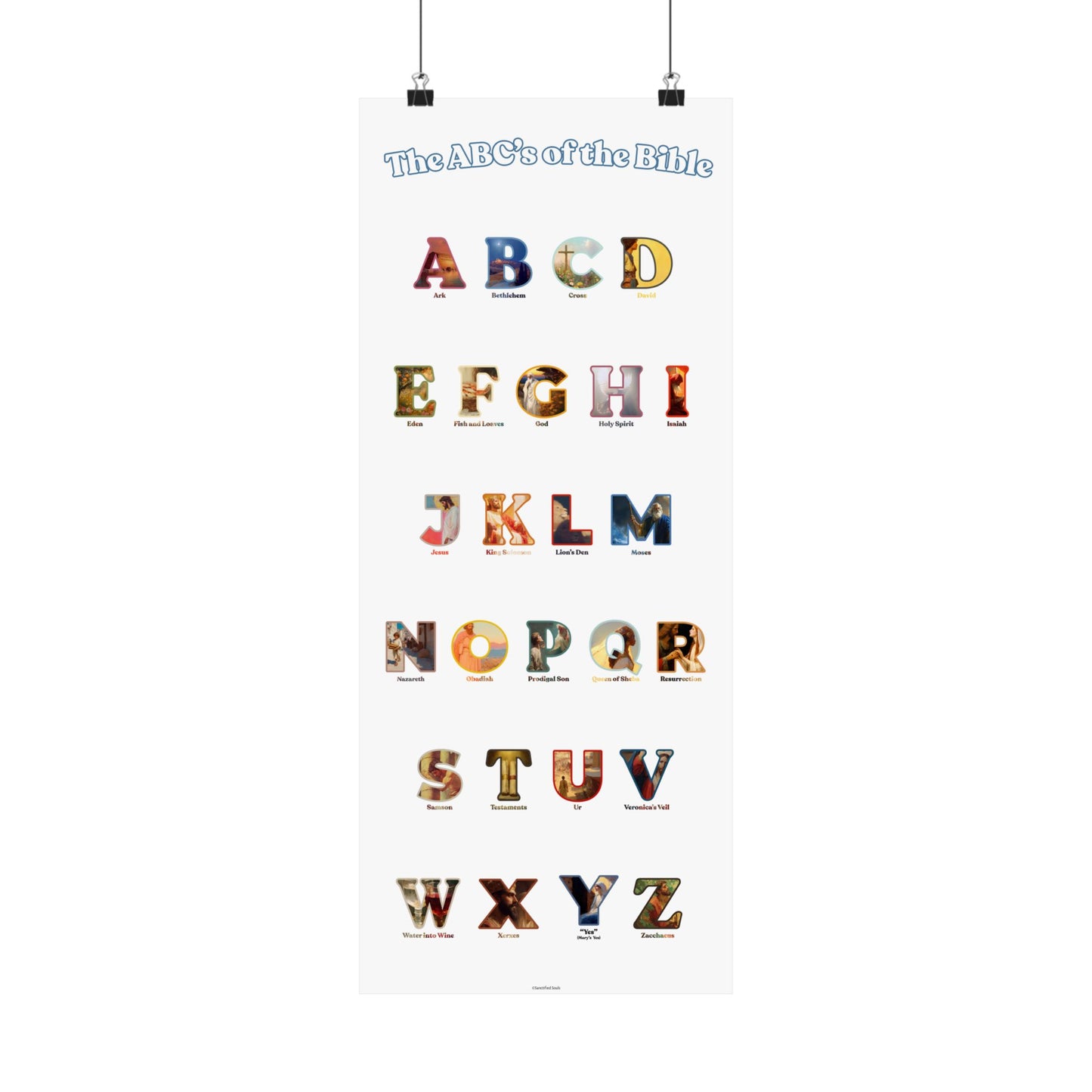 Bible ABC Poster - ABCs of the Bible Wall Art - Biblical People Places and Stories Chart - Christian Homeschool or Sunday School Decor