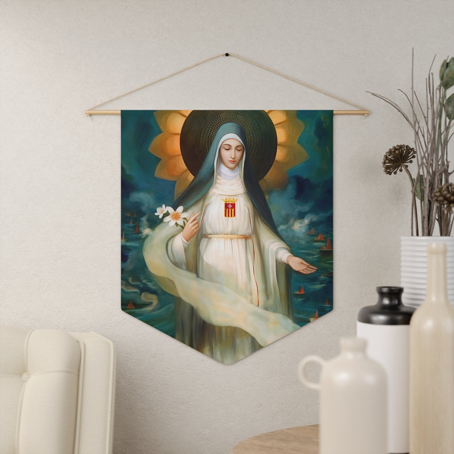 Mary of Cervellon / Saint Maria of Cerevellon Wall Banner / Wall Hanging - Prayer room art - Catholic Home Art - Large Saint Art - 18" x 21"