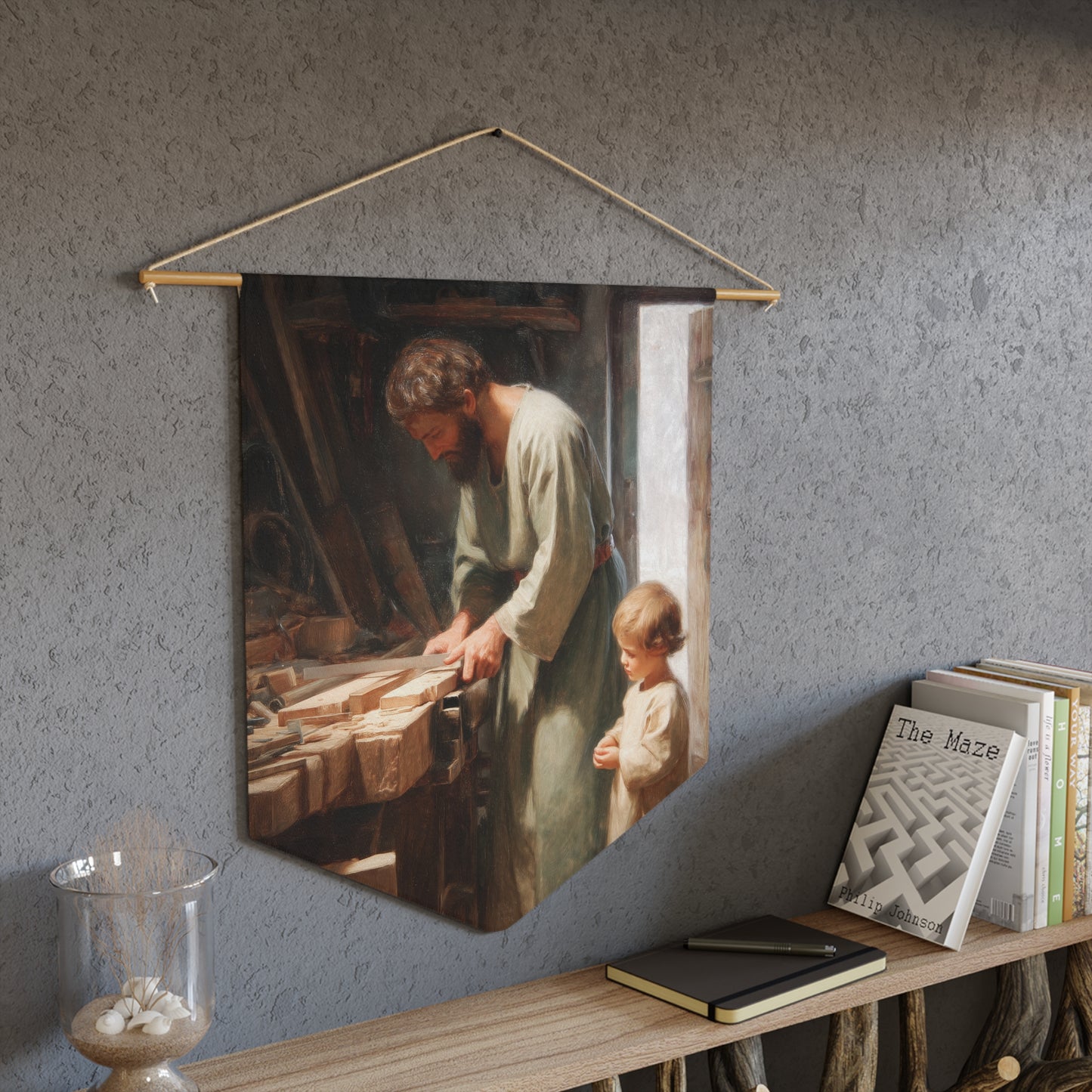 Saint Joseph the Worker Pennant / Banner / Wall Hanging - Prayer room art - Catholic Home - 18" x 21"