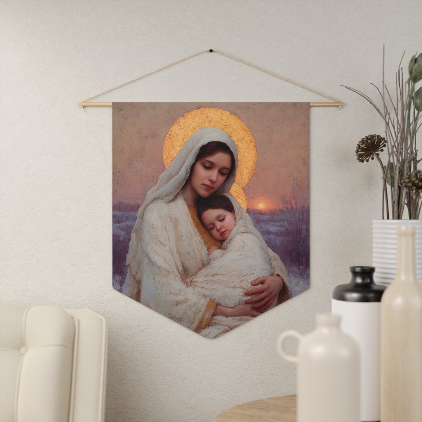 The Love That Stays - Mother Mary and the Christ Child  - Pennant / Banner / Wall Hanging - Prayer room - Catholic Art - Large - 18" x 21"