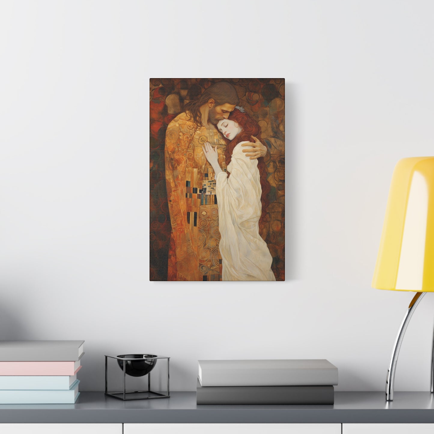 Transcendent Devotion: Christ Embracing Mary Magdalene Museum Wrapped Canvas - Sanctified Souls Print - Based on Klimt's The Kiss