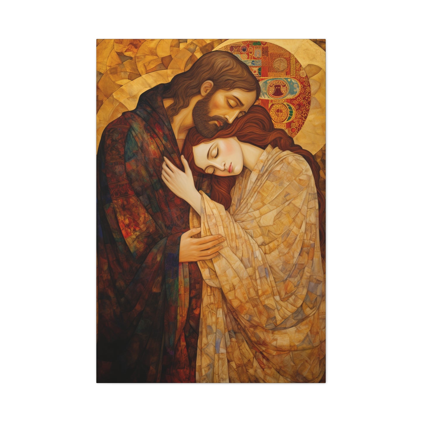 Healing Love- The Embrace of Christ and Mary Magdalene Museum Wrapped Canvas - Sanctified Souls Print -Based on Klimt's The Kiss