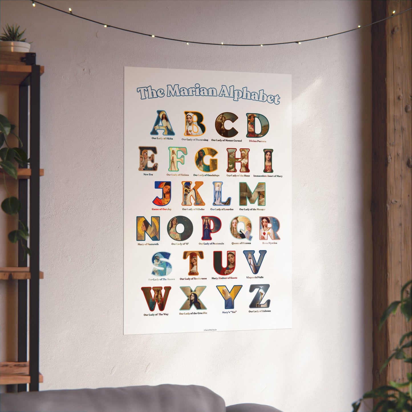 Catholic Marian Alphabet Poster - ABC Wall Art - Marian Titles Catholic Print - Catholic Nursery or Homeschool Faith Decor - Mother Mary Art