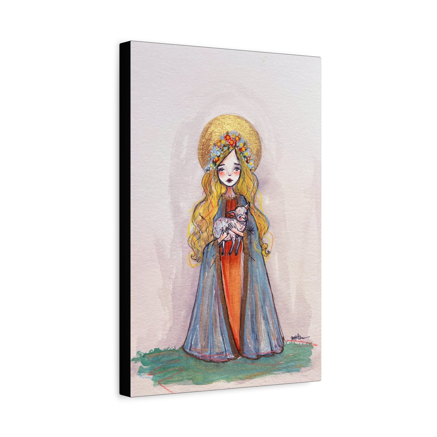 Saint Agnes of Rome Catholic Canvas Print | Christian Sacred Art | Hand-Drawn Watercolor Devotional Wall Art Religious Artwork