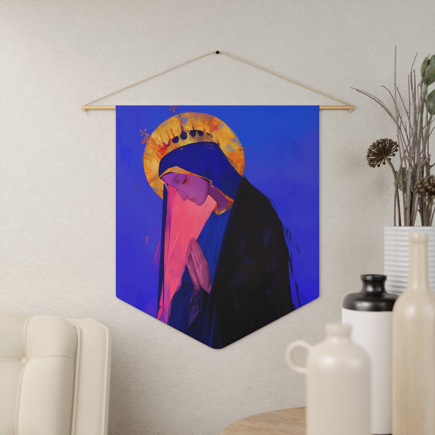 Mary, Mother of God - Blessed Among Women Pennant / Banner / Wall Hanging - Prayer room art - 18" x 21" - Catholic Religious Christian Gift