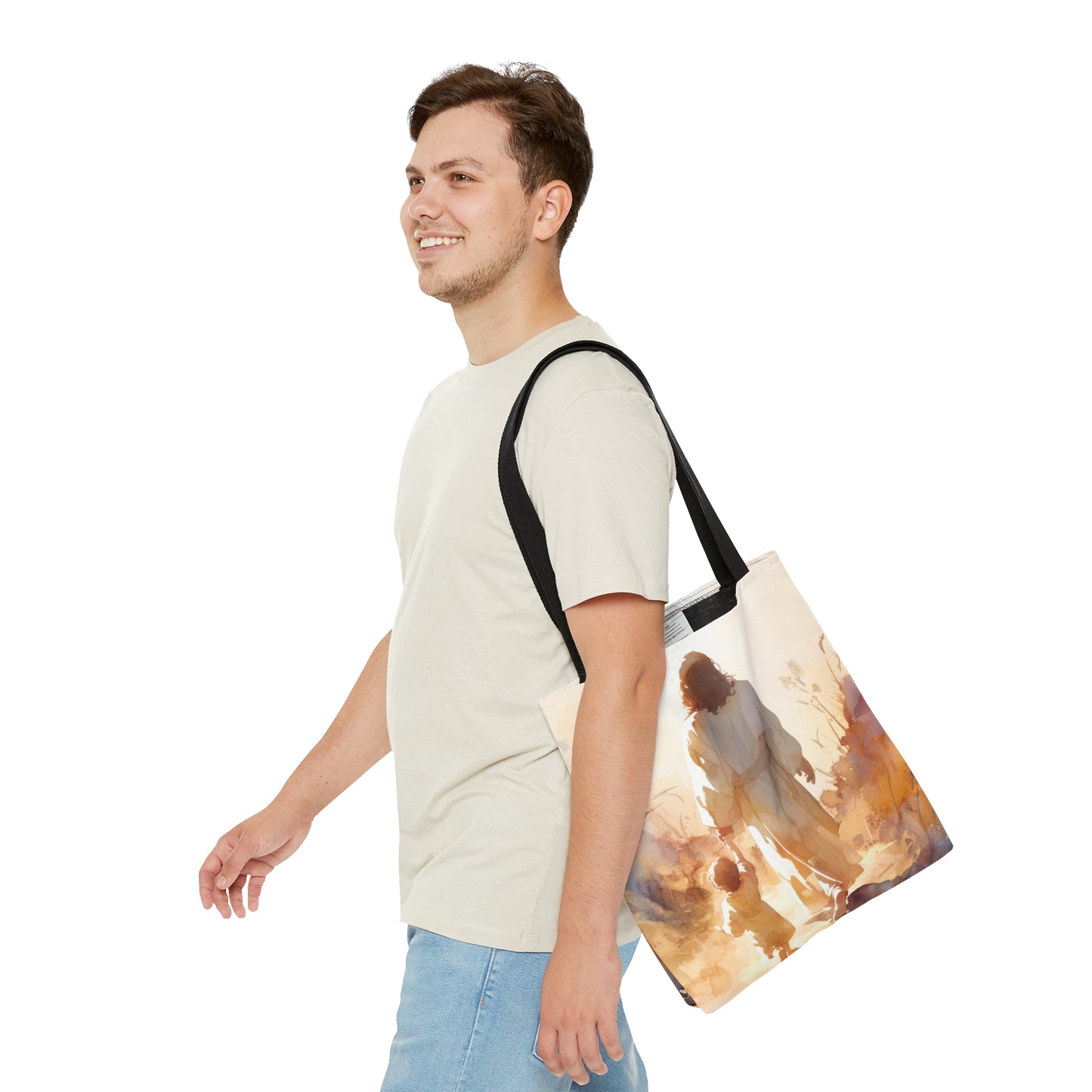 Jesus Guiding a Child in Faith Tote Bag - Large Medium Small Faith Art Bag - Catholic Faith Purse - Religious Carry All
