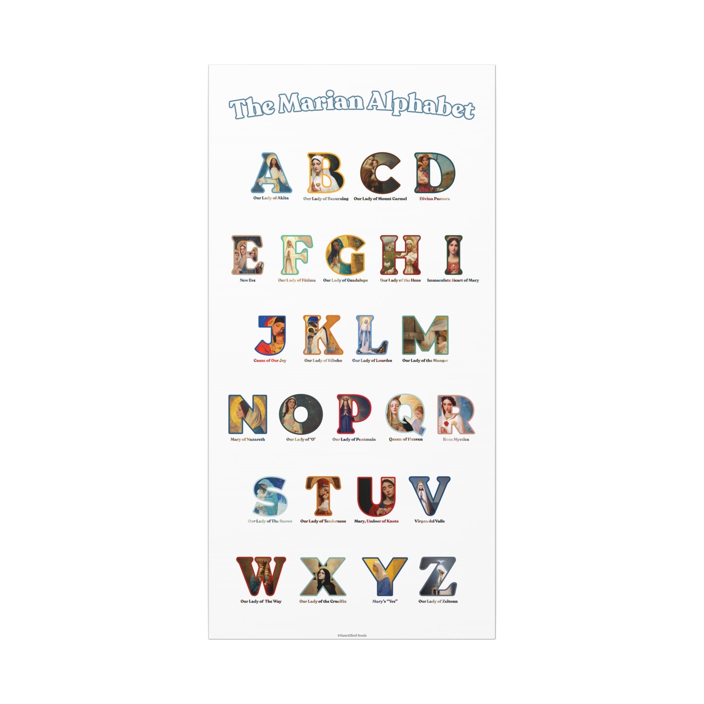 Catholic Marian Alphabet ABC Canvas - Full Alphabet Large Canvas - Catholic ABC Mary - Marian Titles - Catholic Nursery / Homeschool